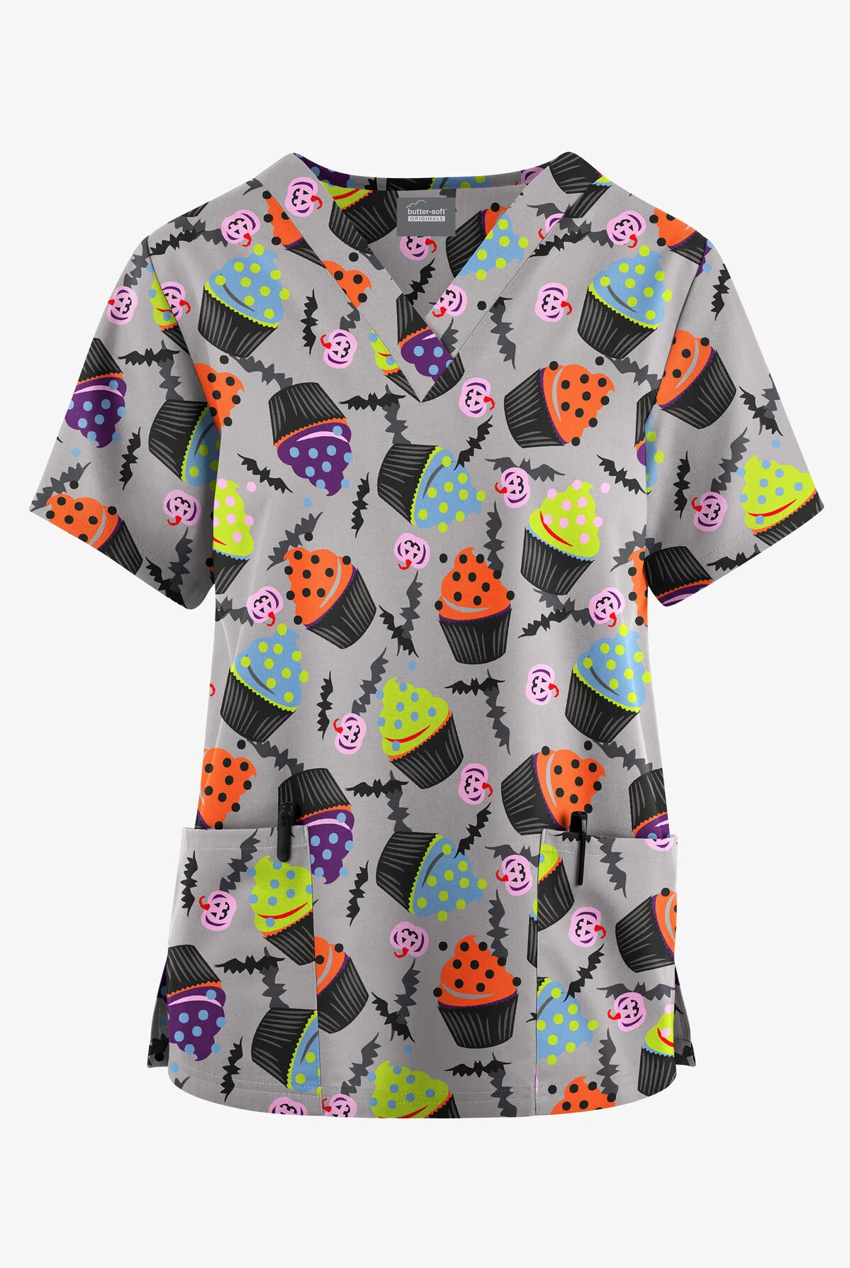 Butter-Soft Originals Halloween Treats Silver Women's 2-Pocket Classic Fit V-Neck Printed Scrub Top 3 Butter-Soft Originals Halloween Treats Silver Women's 2-Pocket Classic Fit V-Neck Printed Scrub Top