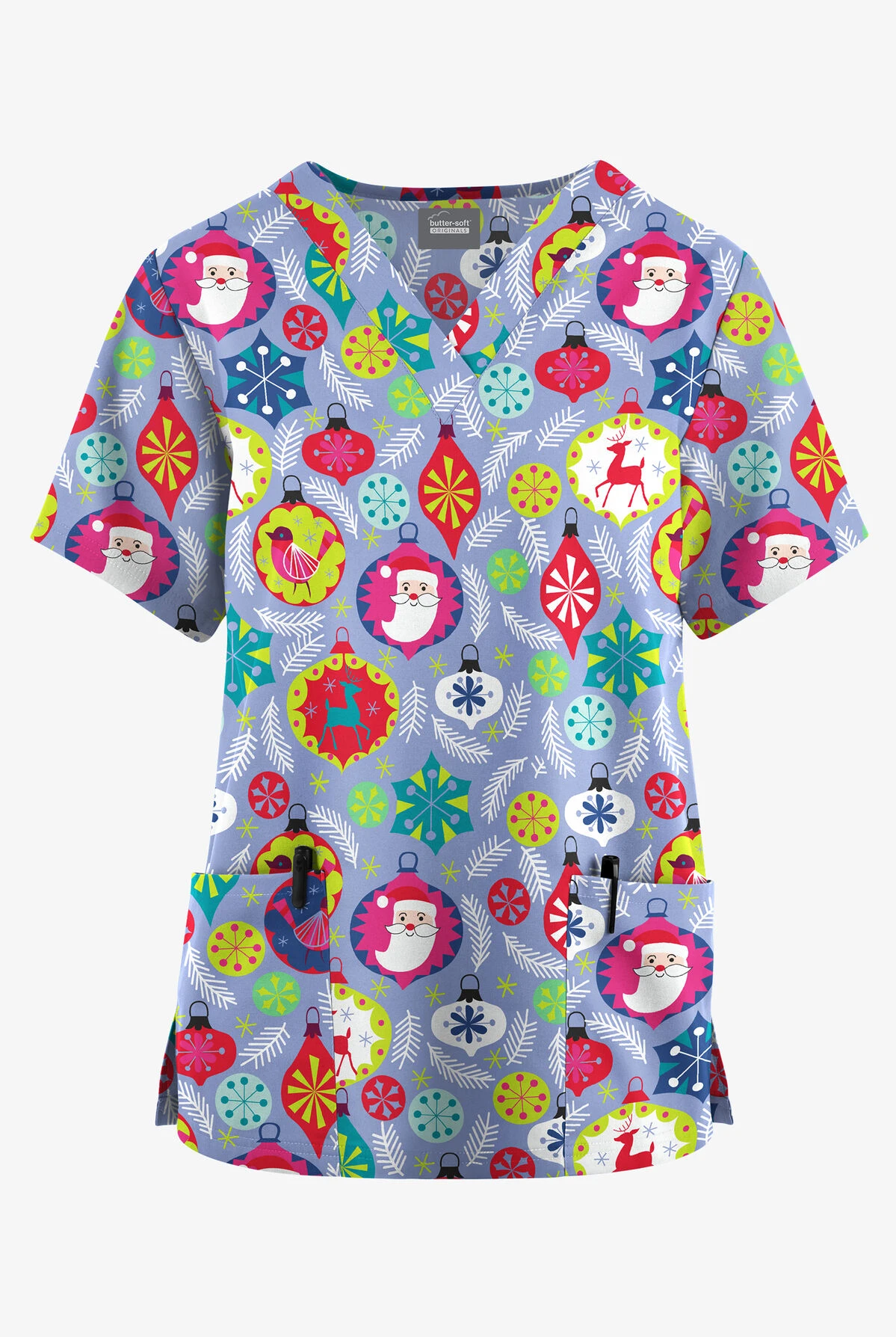 Butter-Soft Originals Jolly Baubles Ceil Women's 2-Pocket Classic Fit V-Neck Printed Scrub Top 3 Butter-Soft Originals Jolly Baubles Ceil Women's 2-Pocket Classic Fit V-Neck Printed Scrub Top