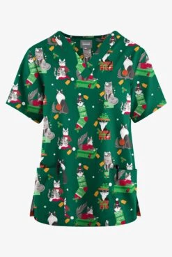 Butter-Soft Originals Playful Christmas Hunter Women's 2-Pocket Classic Fit V-Neck Printed Scrub Top