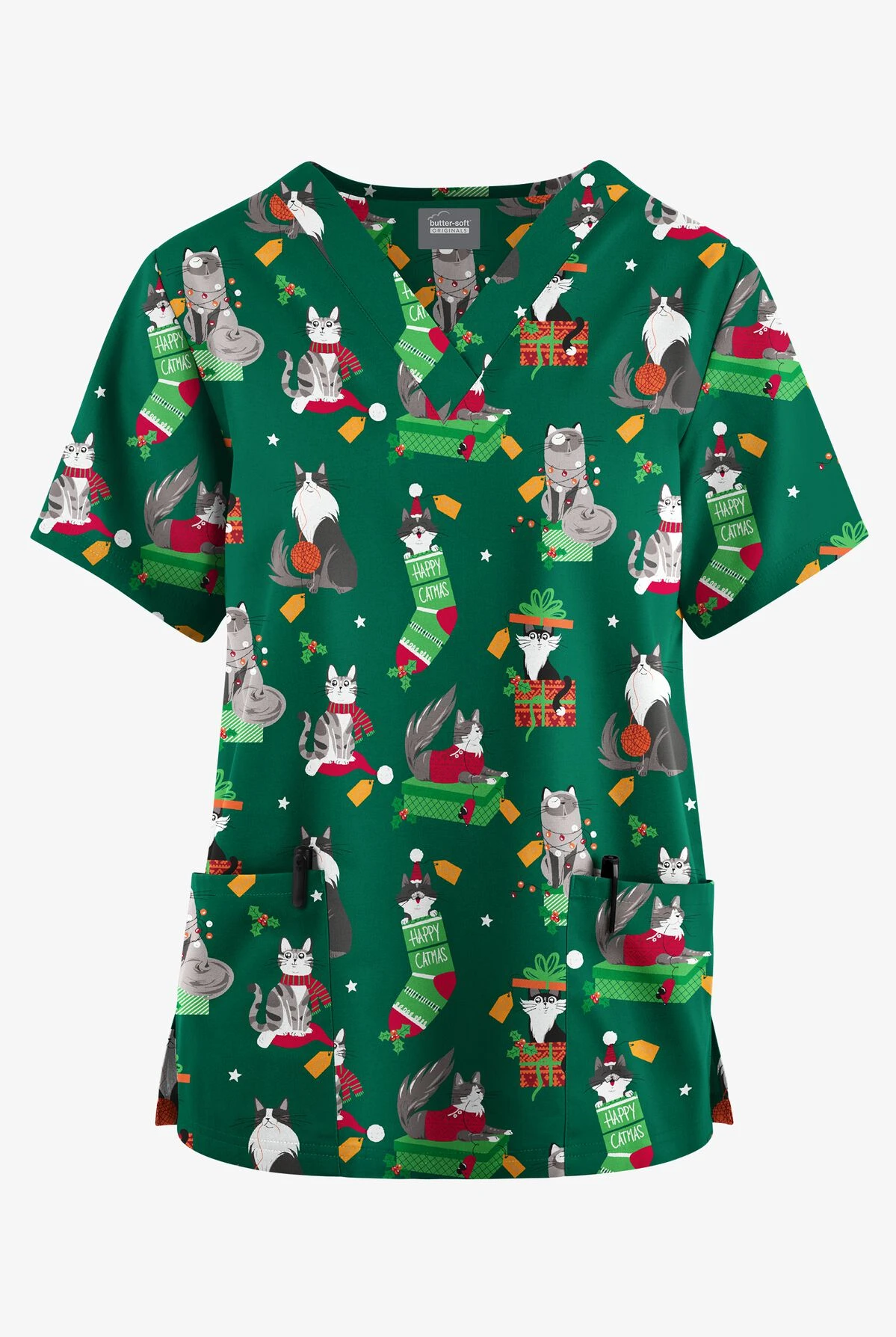 Butter-Soft Originals Playful Christmas Hunter Women's 2-Pocket Classic Fit V-Neck Printed Scrub Top 3 Butter-Soft Originals Playful Christmas Hunter Women's 2-Pocket Classic Fit V-Neck Printed Scrub Top