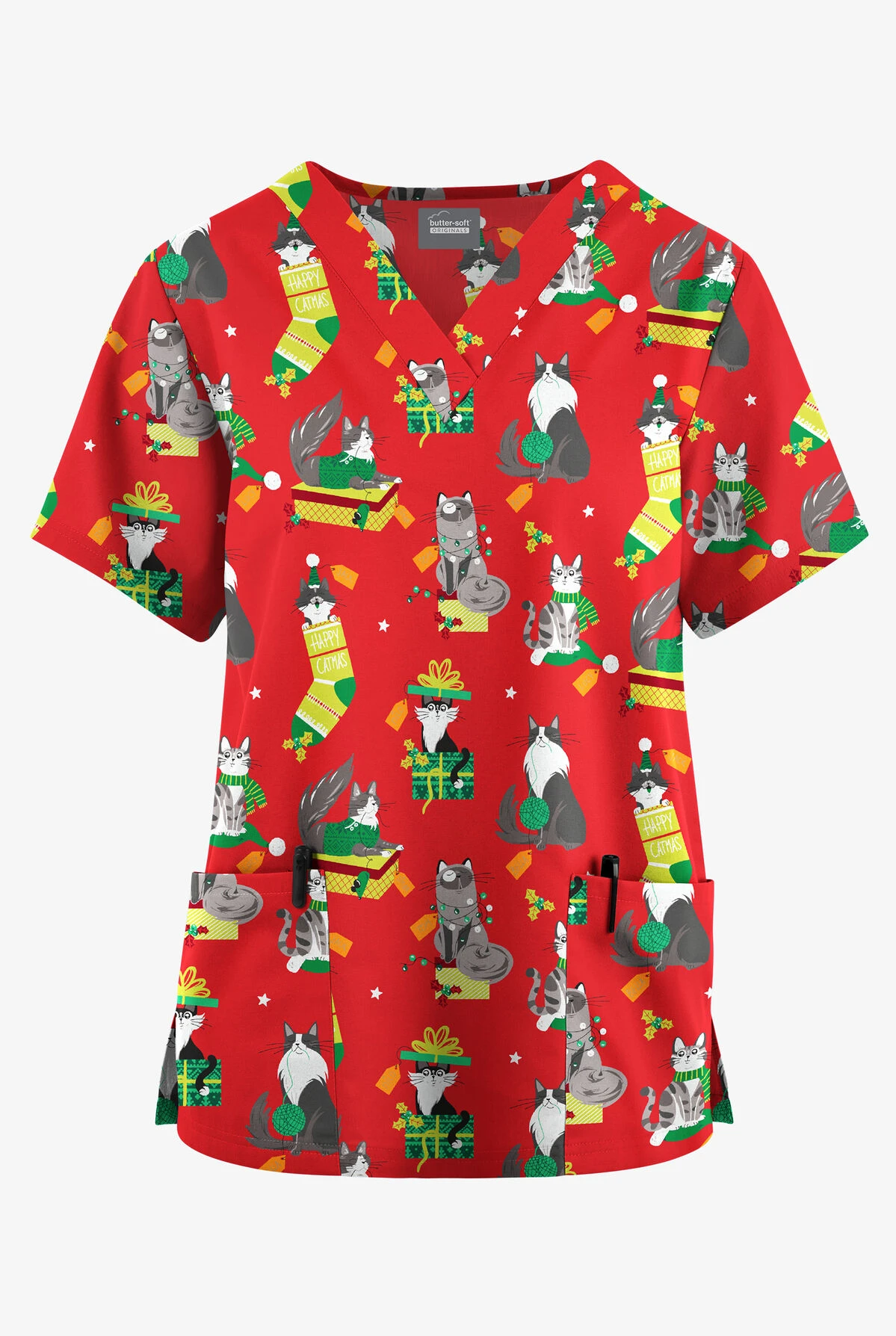 Butter-Soft Originals Playful Christmas Red Women's 2-Pocket Classic Fit V-Neck Printed Scrub Top 3 Butter-Soft Originals Playful Christmas Red Women's 2-Pocket Classic Fit V-Neck Printed Scrub Top