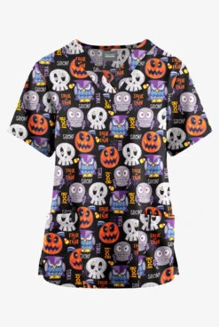 Butter-Soft Originals Trick Or Treat Black Printed Women's 2-Pocket Classic Fit V-Neck Scrub Top
