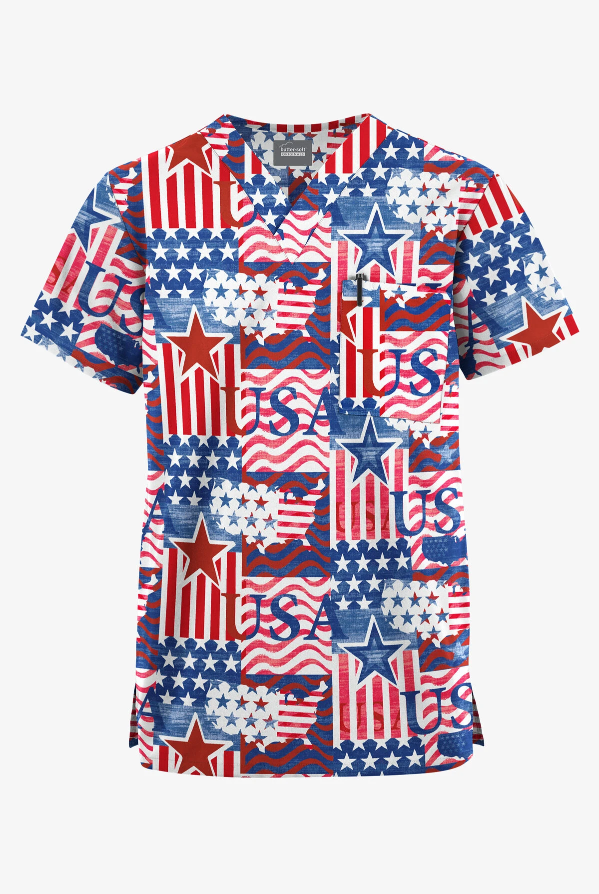 Butter-Soft Originals Happy Fourth Navy Unisex 2-Pocket V-Neck Printed Scrub Top 3 Butter-Soft Originals Happy Fourth Navy Unisex 2-Pocket V-Neck Printed Scrub Top