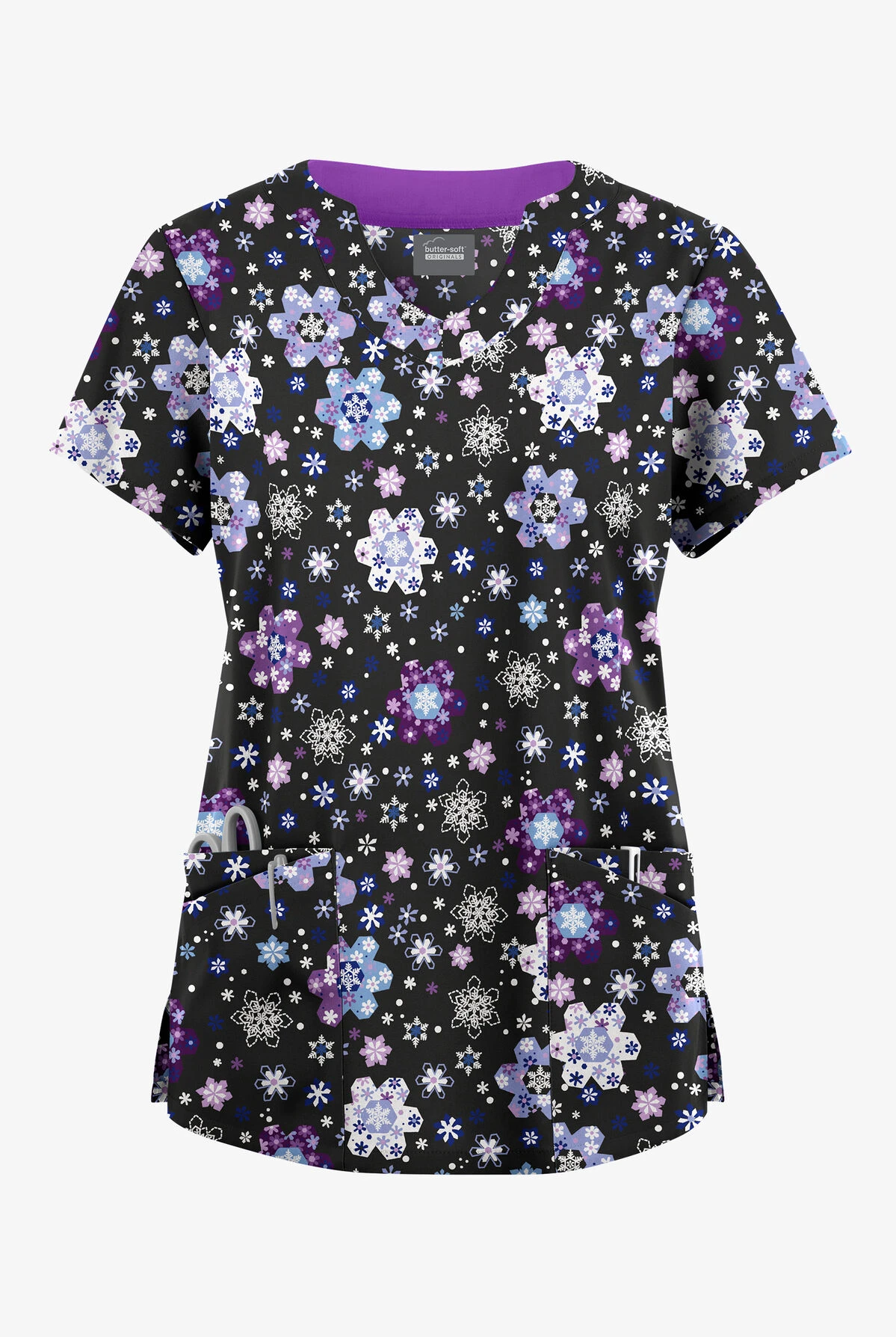 Butter-Soft Originals Winter Nights Black Printed Women's 6-Pocket Scallop Neck Scrub Top 3 Butter-Soft Originals Winter Nights Black Printed Women's 6-Pocket Scallop Neck Scrub Top