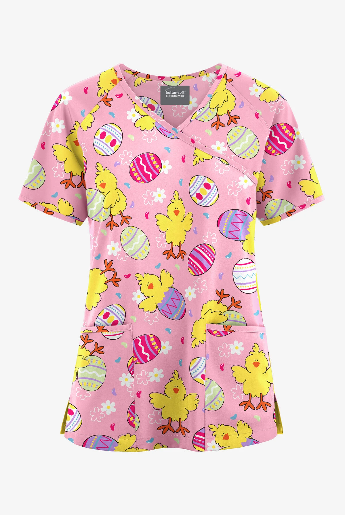 Butter-Soft Originals Easter Blush Women's 3-Pocket Mock Wrap Raglan Sleeve Printed Scrub Top 3 Butter-Soft Originals Easter Blush Women's 3-Pocket Mock Wrap Raglan Sleeve Printed Scrub Top