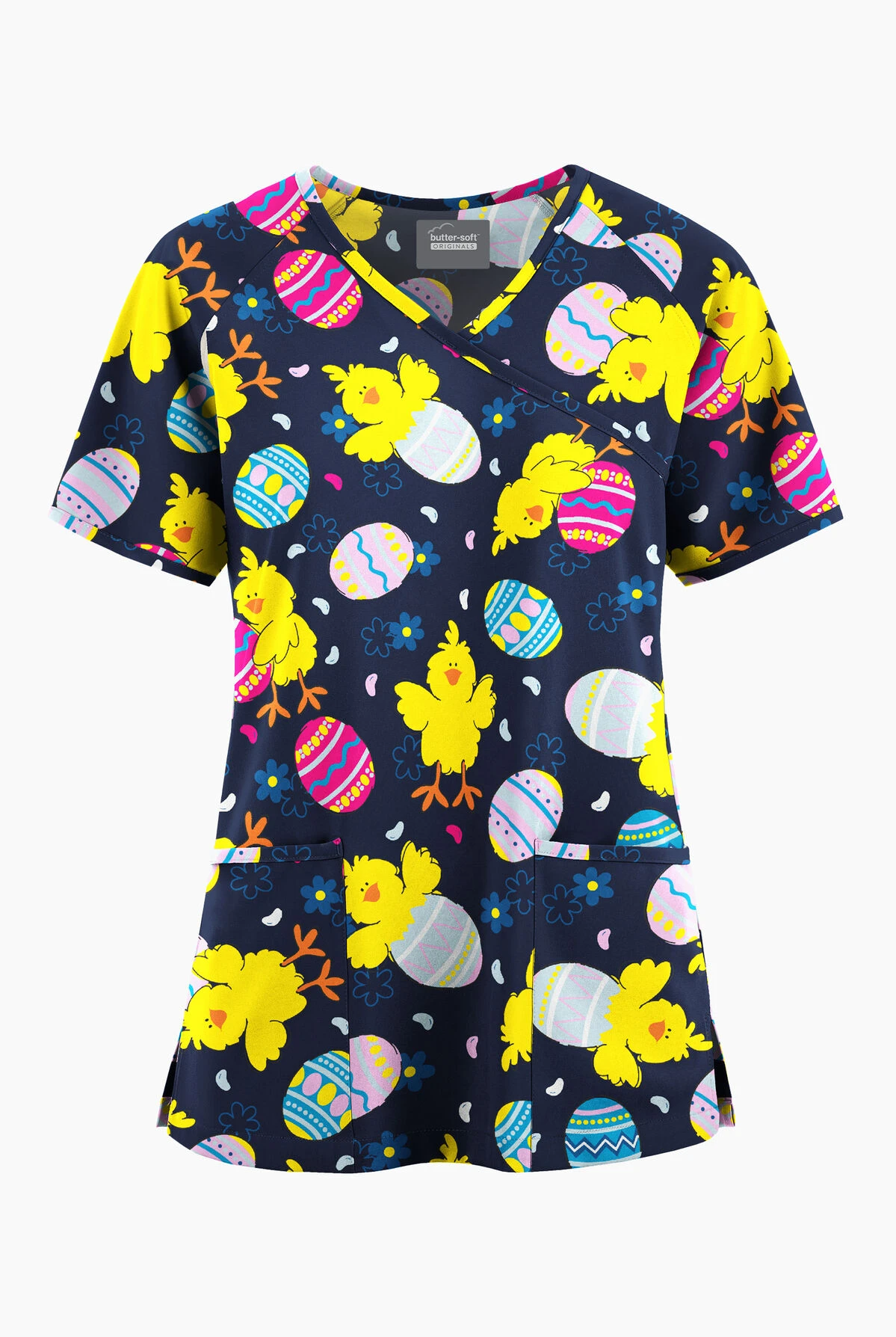 Butter-Soft Originals Easter Morning Navy Women's 3-Pocket Mock Wrap Raglan Sleeve Printed Scrub Top 3 Butter-Soft Originals Easter Morning Navy Women's 3-Pocket Mock Wrap Raglan Sleeve Printed Scrub Top