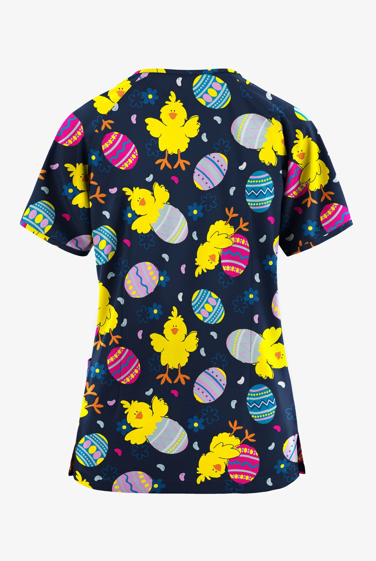 Butter-Soft Originals Easter Morning Navy Women's 3-Pocket Mock Wrap Raglan Sleeve Printed Scrub Top 4 Butter-Soft Originals Easter Morning Navy Women's 3-Pocket Mock Wrap Raglan Sleeve Printed Scrub Top - Image 2