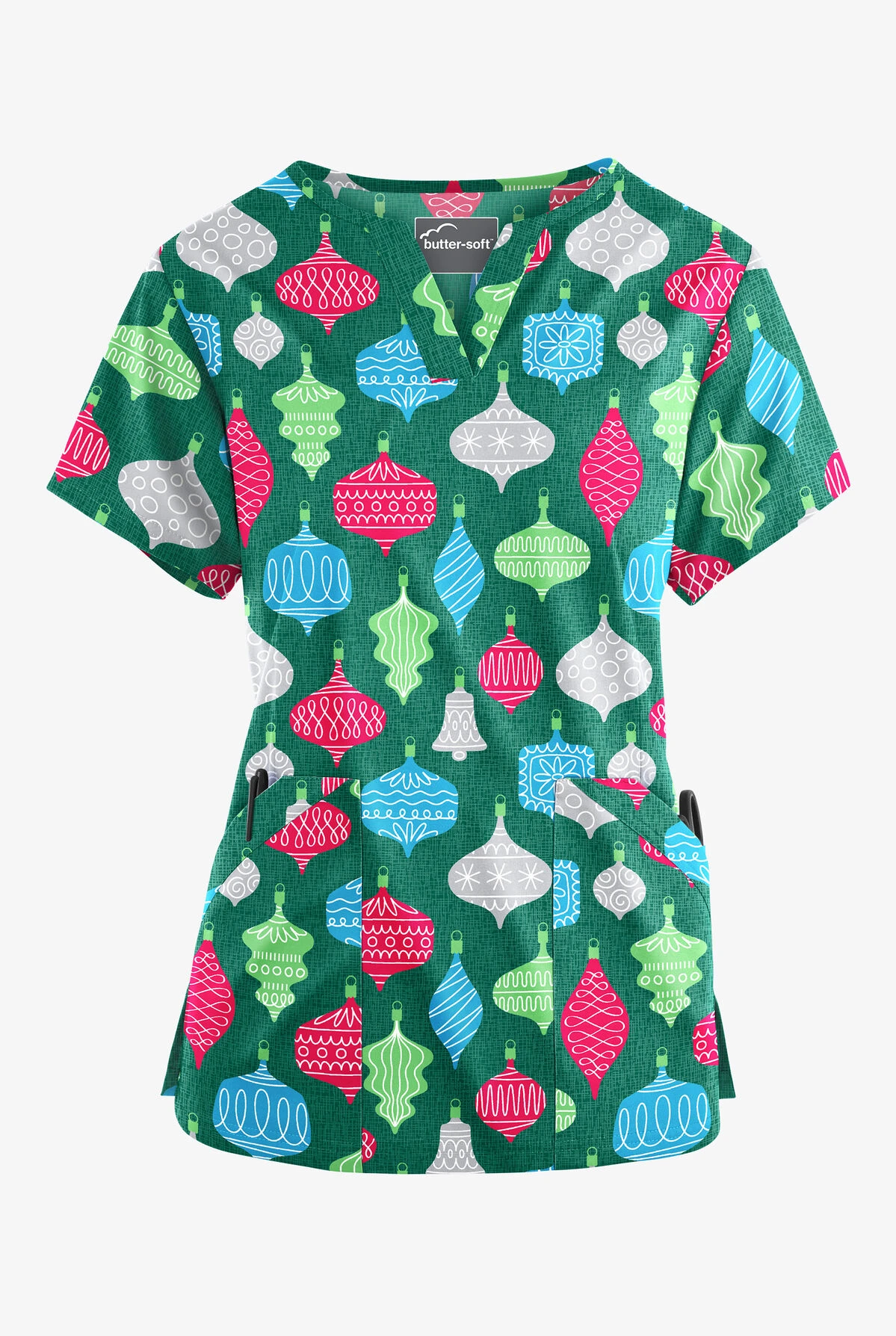 Butter-Soft Festive Ornaments Hunter Women’s 4-Pocket V Notch-Neck Print Scrub Top 3 Butter-Soft Festive Ornaments Hunter Women’s 4-Pocket V Notch-Neck Print Scrub Top
