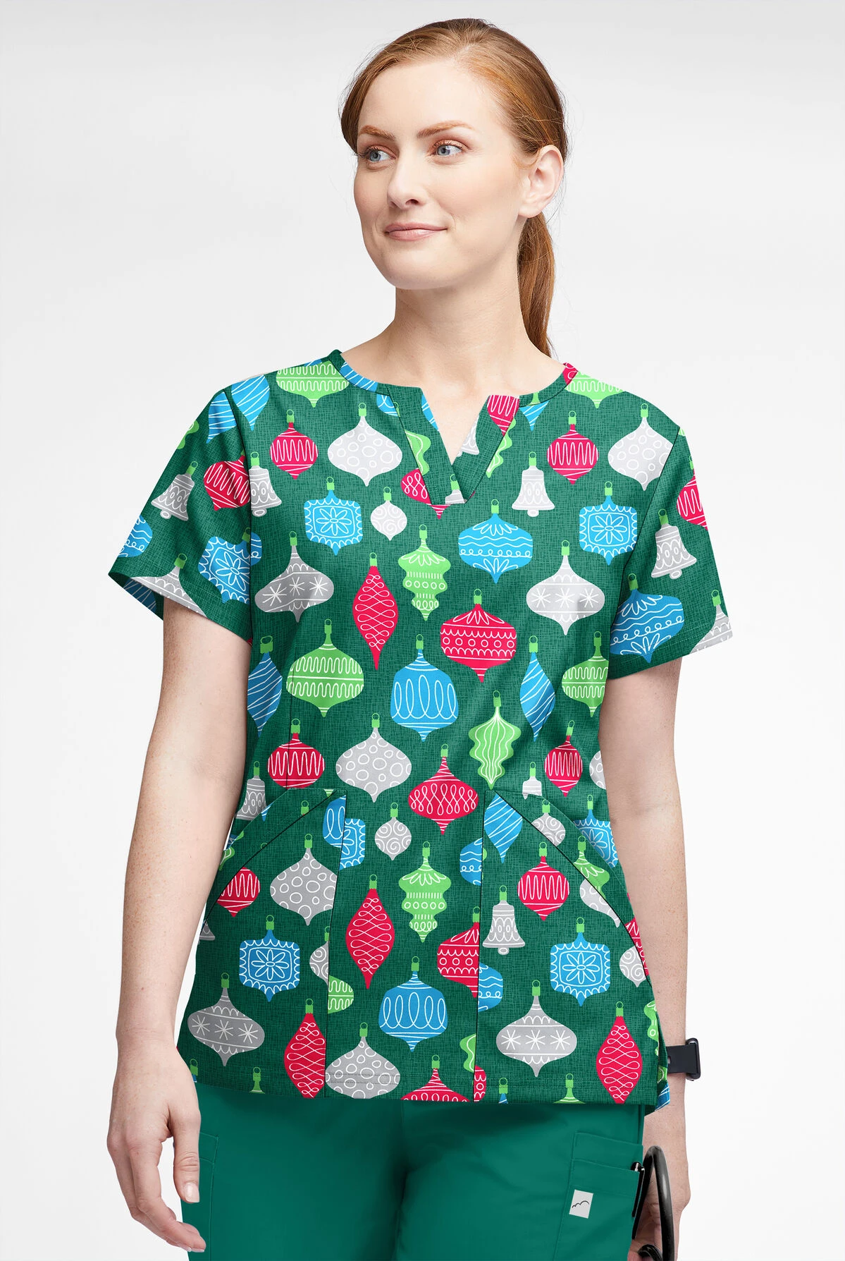 Butter-Soft Festive Ornaments Hunter Women’s 4-Pocket V Notch-Neck Print Scrub Top 4 Butter-Soft Festive Ornaments Hunter Women’s 4-Pocket V Notch-Neck Print Scrub Top - Image 2