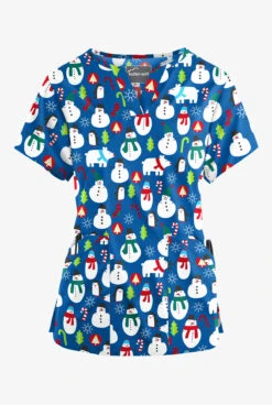 Butter-Soft North Pole Party Royal Womenβs 4-Pocket V Notch-Neck Print Scrub Top