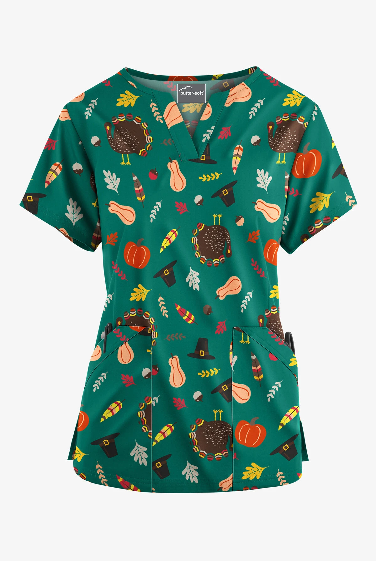 Butter-Soft Thanksgiving Walk Hunter Women’s 4-Pocket V Notch-Neck Printed Scrub Top 3 Butter-Soft Thanksgiving Walk Hunter Women’s 4-Pocket V Notch-Neck Printed Scrub Top