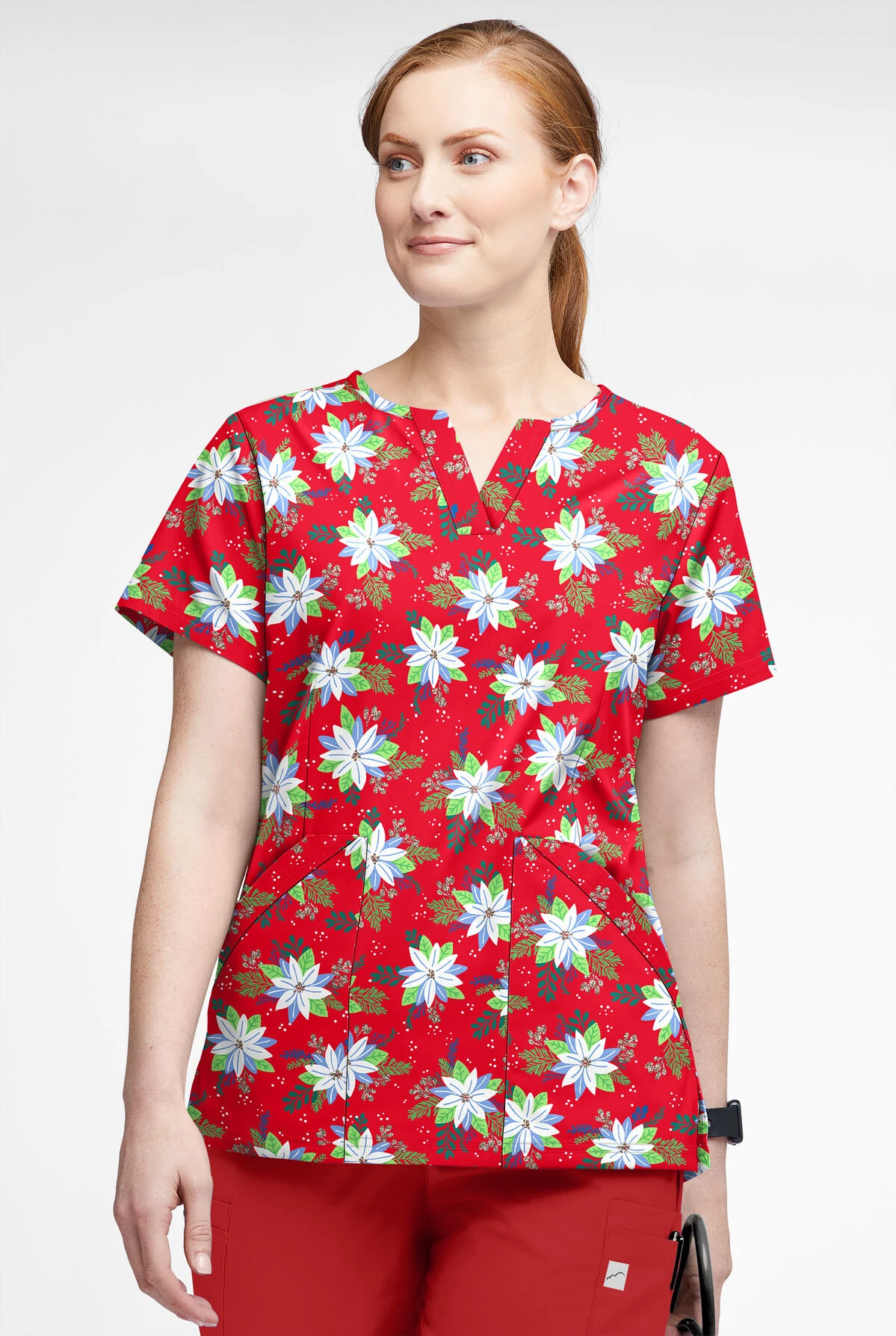 Butter-Soft Winter Floral Red Women’s 4-Pocket V Notch-Neck Print Scrub Top 4 Butter-Soft Winter Floral Red Women’s 4-Pocket V Notch-Neck Print Scrub Top - Image 2