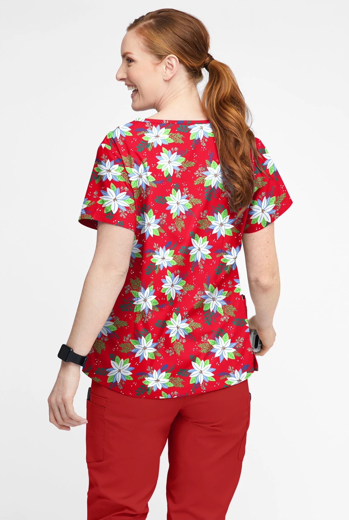 Butter-Soft Winter Floral Red Women’s 4-Pocket V Notch-Neck Print Scrub Top 5 Butter-Soft Winter Floral Red Women’s 4-Pocket V Notch-Neck Print Scrub Top - Image 3