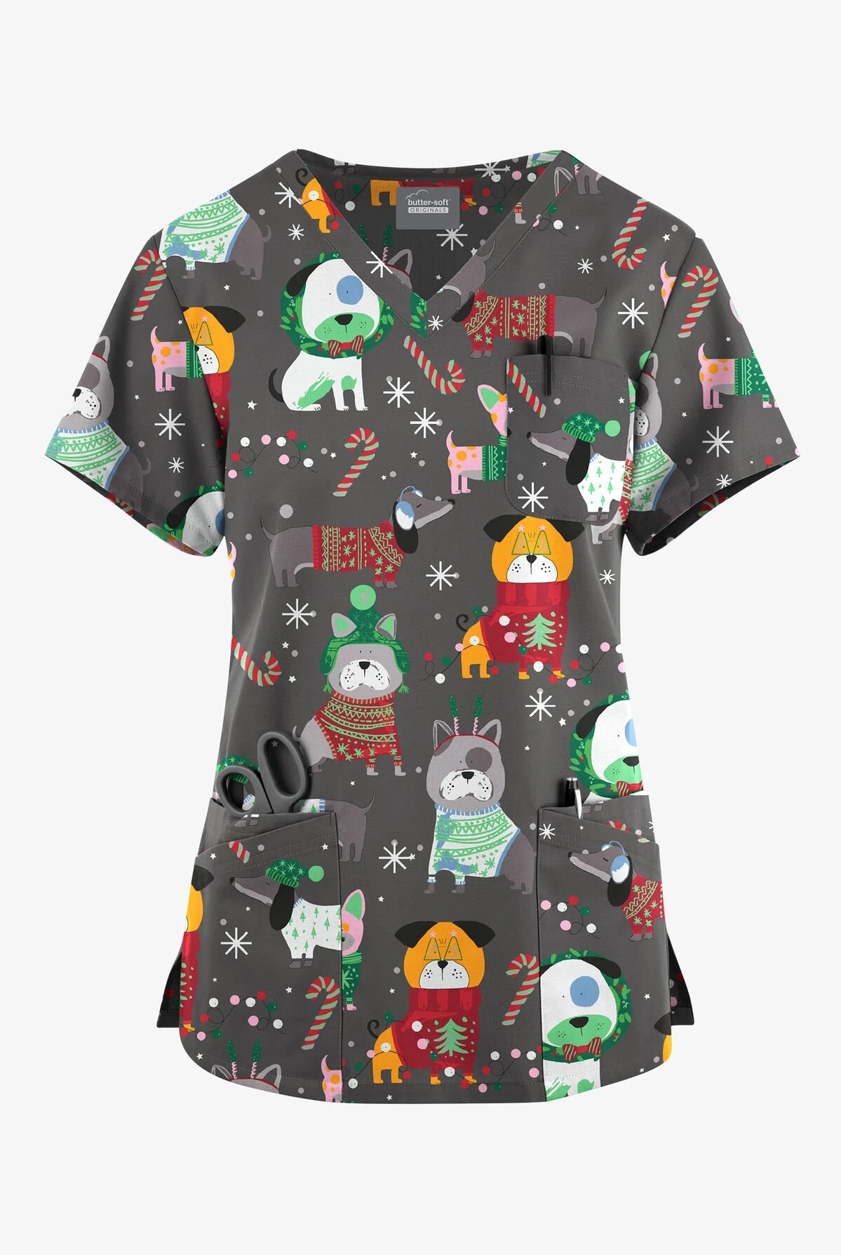 Butter-Soft Originals Cuddly Pups Pewter Women's 7-Pocket Rounded V-Neck Printed Scrub Top 3 Butter-Soft Originals Cuddly Pups Pewter Women's 7-Pocket Rounded V-Neck Printed Scrub Top