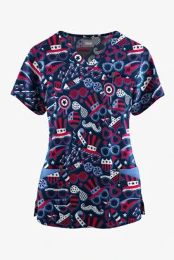 Butter-Soft Originals Stars & Stripes Navy Women's 7-Pocket Curved V-Neck Printed Scrub Top