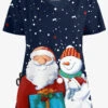 Butter-Soft Christmas Morning Navy Women's 2-Pocket Scallop Neck Print Scrub Top -Fashion Clothing H197MCS 1