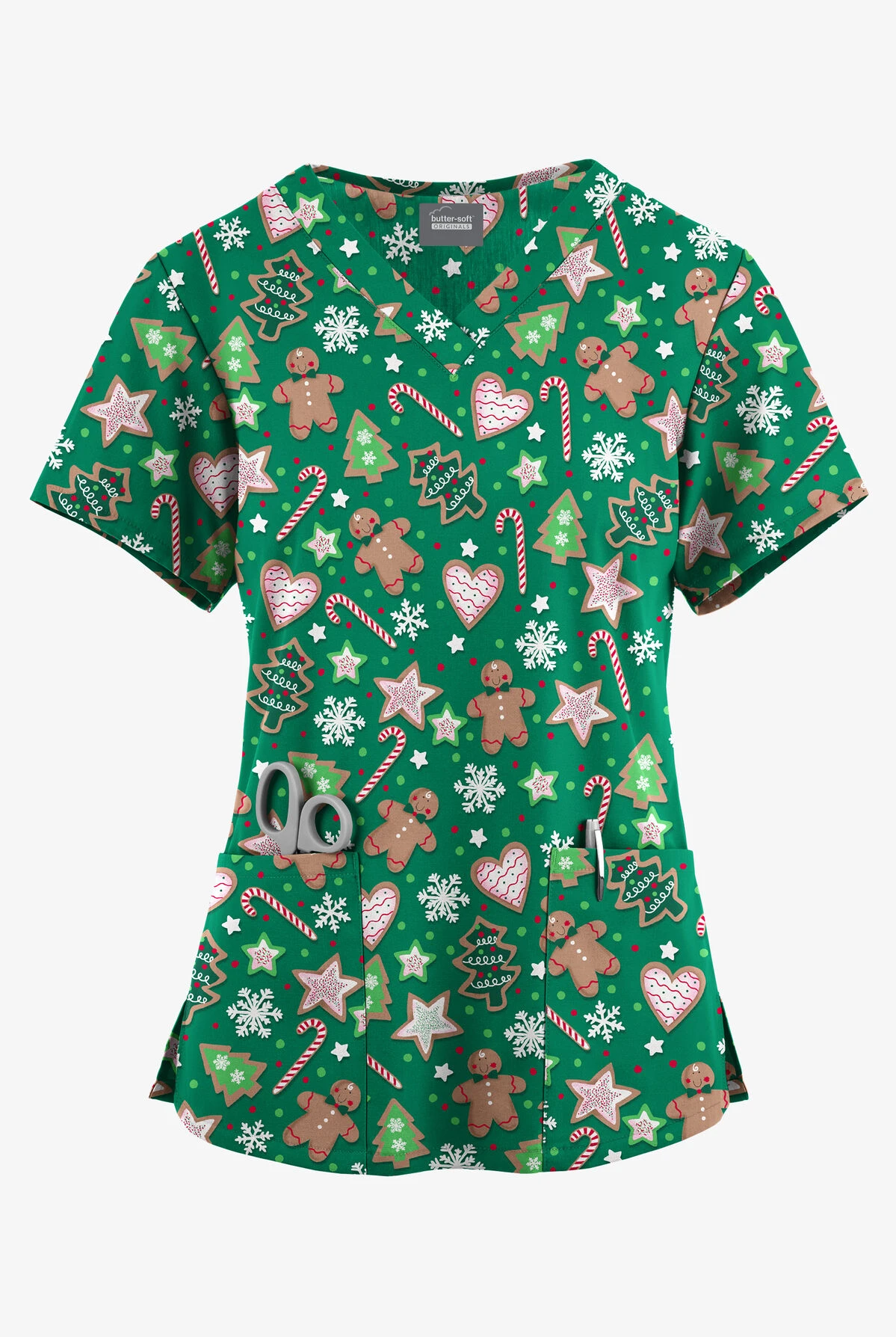 Butter-Soft Originals Baking For Santa Hunter Women's 4-Pocket Rounded V-Neck Printed Scrub Top 3 Butter-Soft Originals Baking For Santa Hunter Women's 4-Pocket Rounded V-Neck Printed Scrub Top