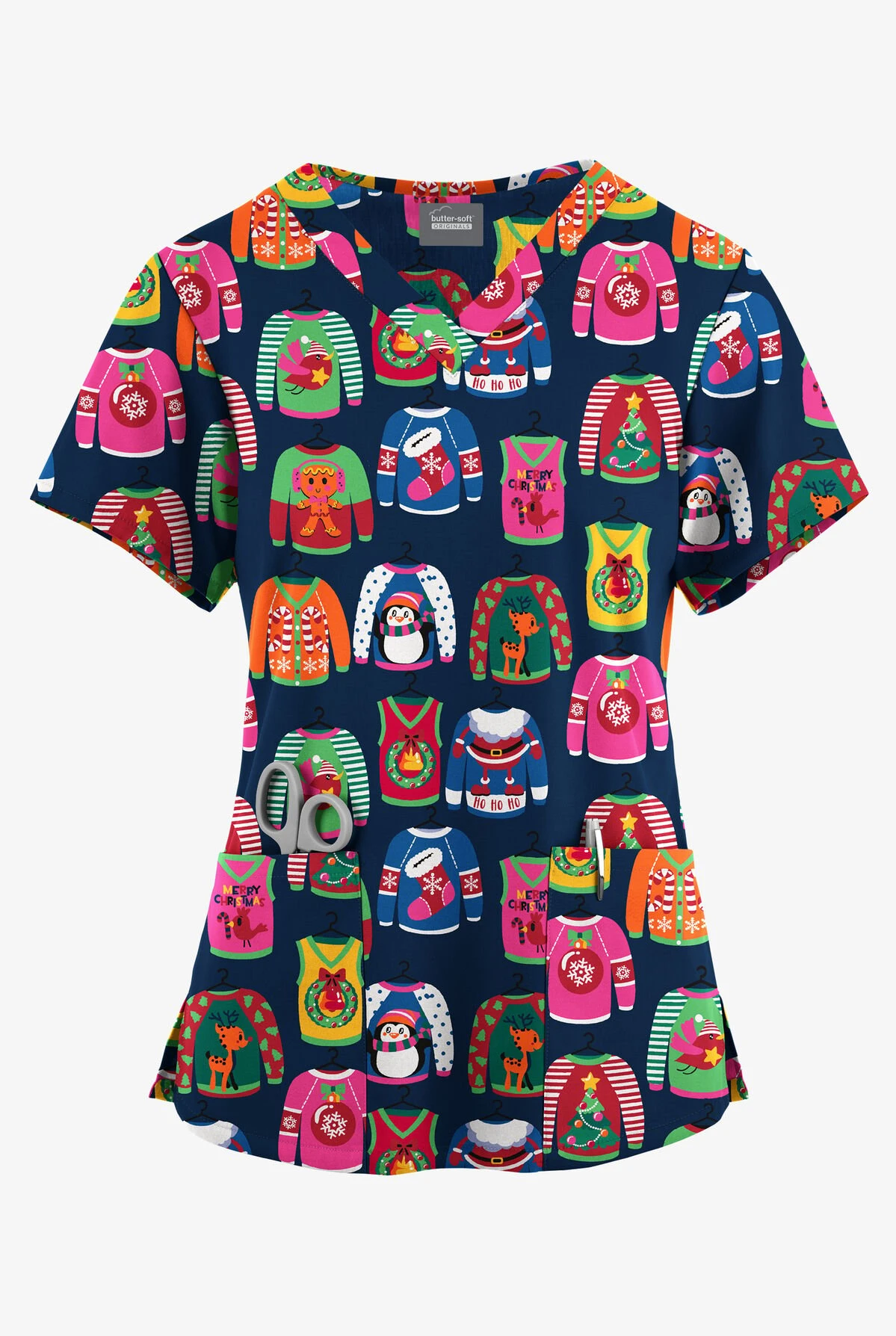 Butter-Soft Originals Christmas Sweaters Navy Women's 4-Pocket Rounded V-Neck Printed Scrub Top 2 Butter-Soft Originals Christmas Sweaters Navy Women's 4-Pocket Rounded V-Neck Printed Scrub Top