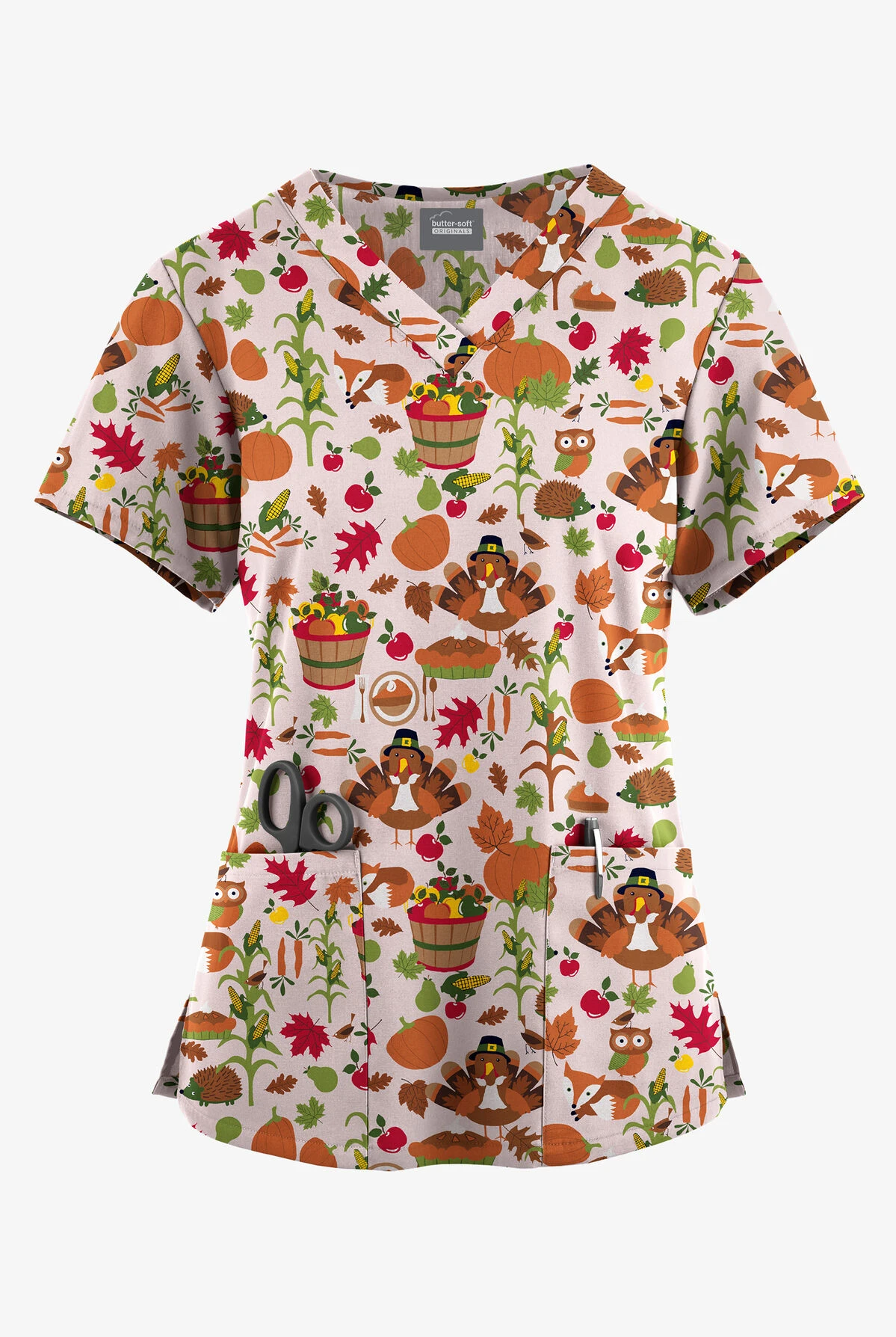 Butter-Soft Originals Farmhouse Thanksgiving Cream Printed Women's 4-Pocket Rounded V-Neck Scrub Top 3 Butter-Soft Originals Farmhouse Thanksgiving Cream Printed Women's 4-Pocket Rounded V-Neck Scrub Top