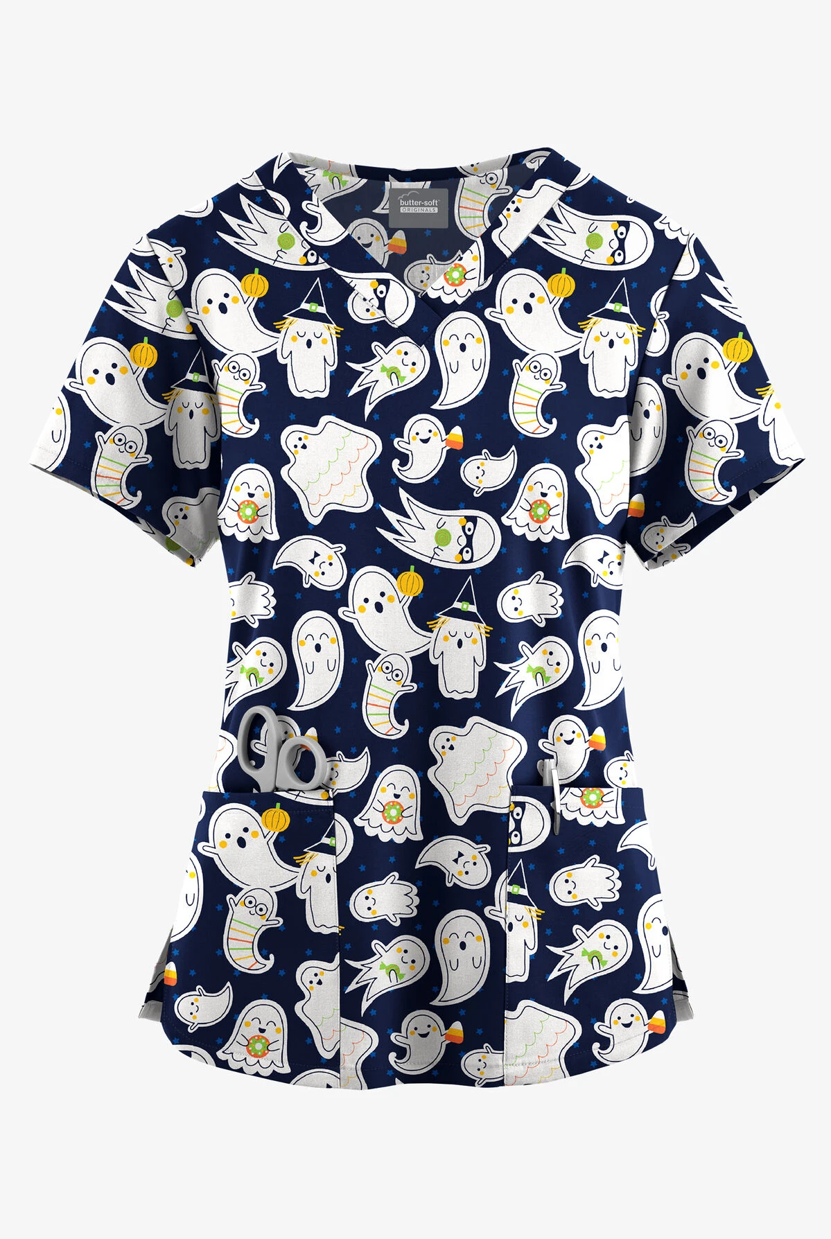 Butter-Soft Originals Halloween Fun Navy Women's 4-Pocket Rounded V-Neck Printed Scrub Top 3 Butter-Soft Originals Halloween Fun Navy Women's 4-Pocket Rounded V-Neck Printed Scrub Top