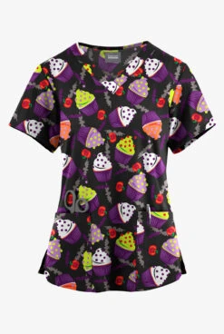Butter-Soft Originals Halloween Treats Black Printed Women's 4-Pocket Rounded V-Neck Scrub Top