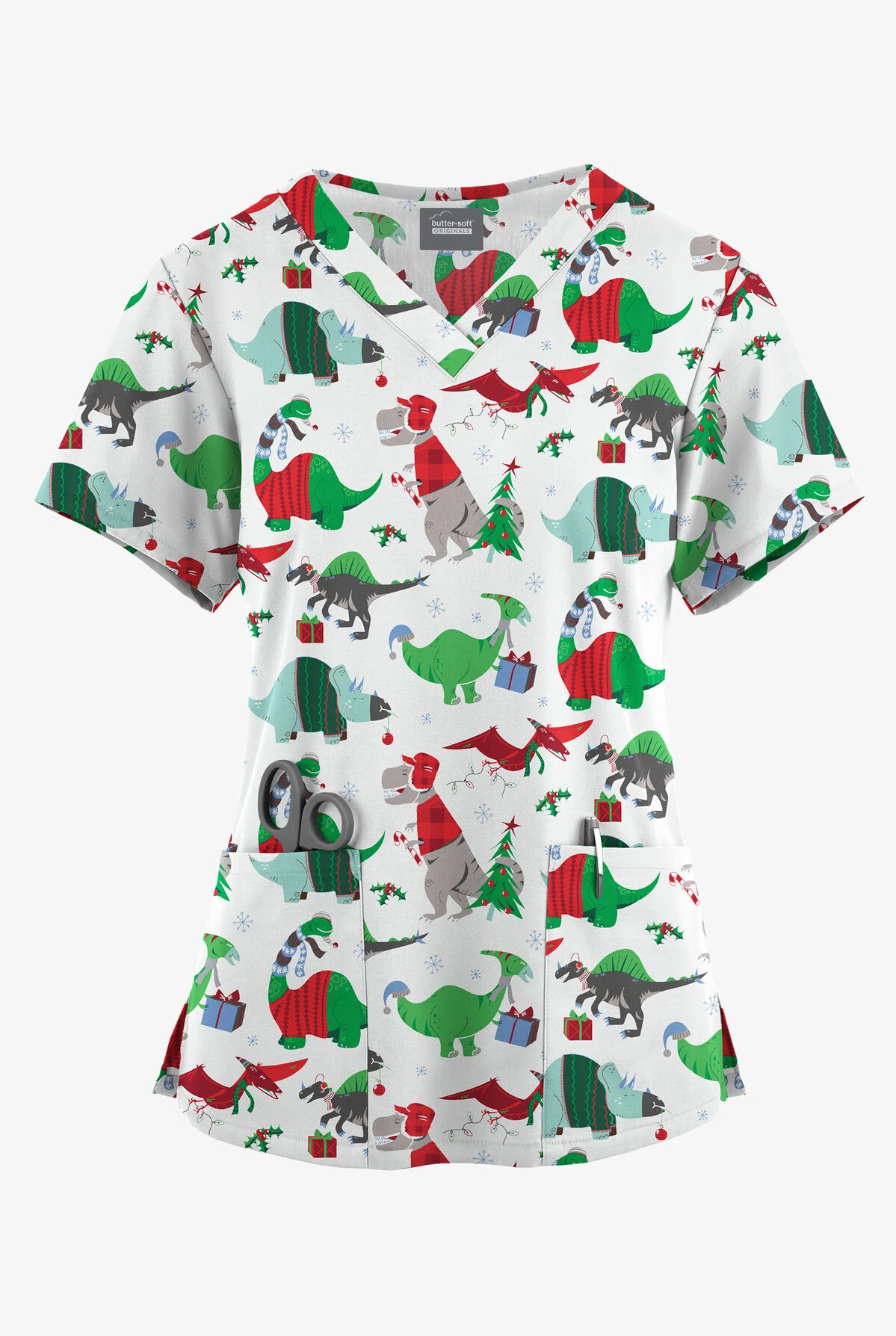 Butter-Soft Originals Santa Saurus White Printed Women's 4-Pocket Rounded V-Neck Scrub Top 3 Butter-Soft Originals Santa Saurus White Printed Women's 4-Pocket Rounded V-Neck Scrub Top