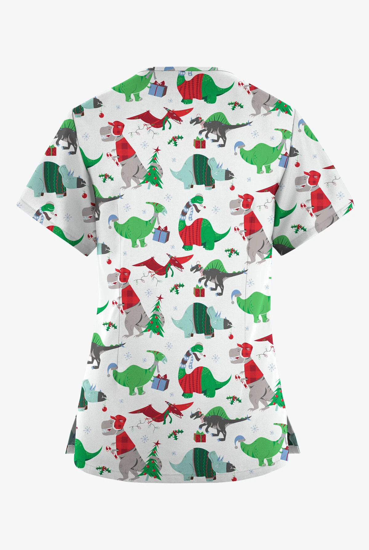 Butter-Soft Originals Santa Saurus White Printed Women's 4-Pocket Rounded V-Neck Scrub Top 4 Butter-Soft Originals Santa Saurus White Printed Women's 4-Pocket Rounded V-Neck Scrub Top - Image 2