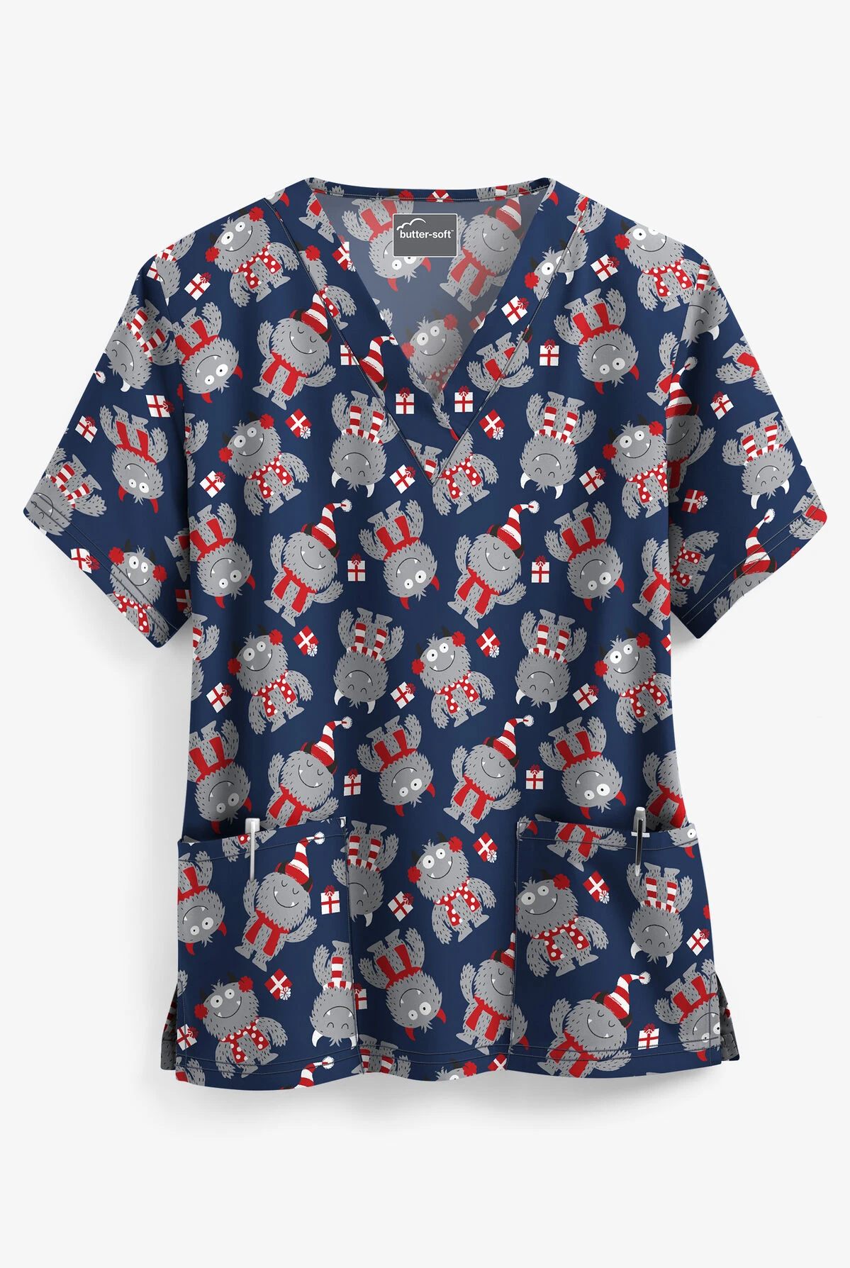 UA Holiday Monsters Navy Women's 2-Pocket V-Neck Print Scrub Top 3 UA Holiday Monsters Navy Women's 2-Pocket V-Neck Print Scrub Top