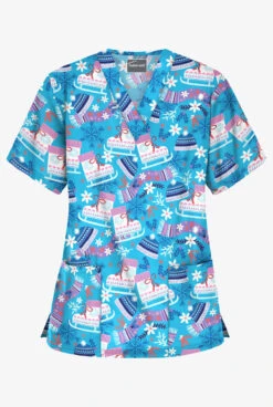 Butter-Soft Christmas Skate Turquoise Women's 3-Pocket V-Neck Print Scrub Top