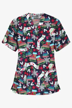 Butter-Soft Christmas Skate Navy Women's 3-Pocket V-Neck Print Scrub Top