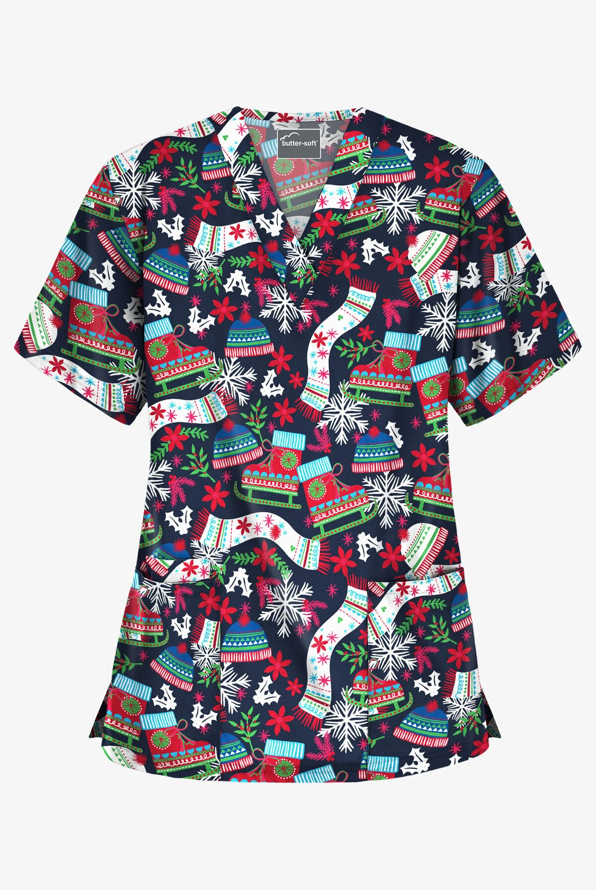 Butter-Soft Christmas Skate Navy Women's 3-Pocket V-Neck Print Scrub Top 3 Butter-Soft Christmas Skate Navy Women's 3-Pocket V-Neck Print Scrub Top