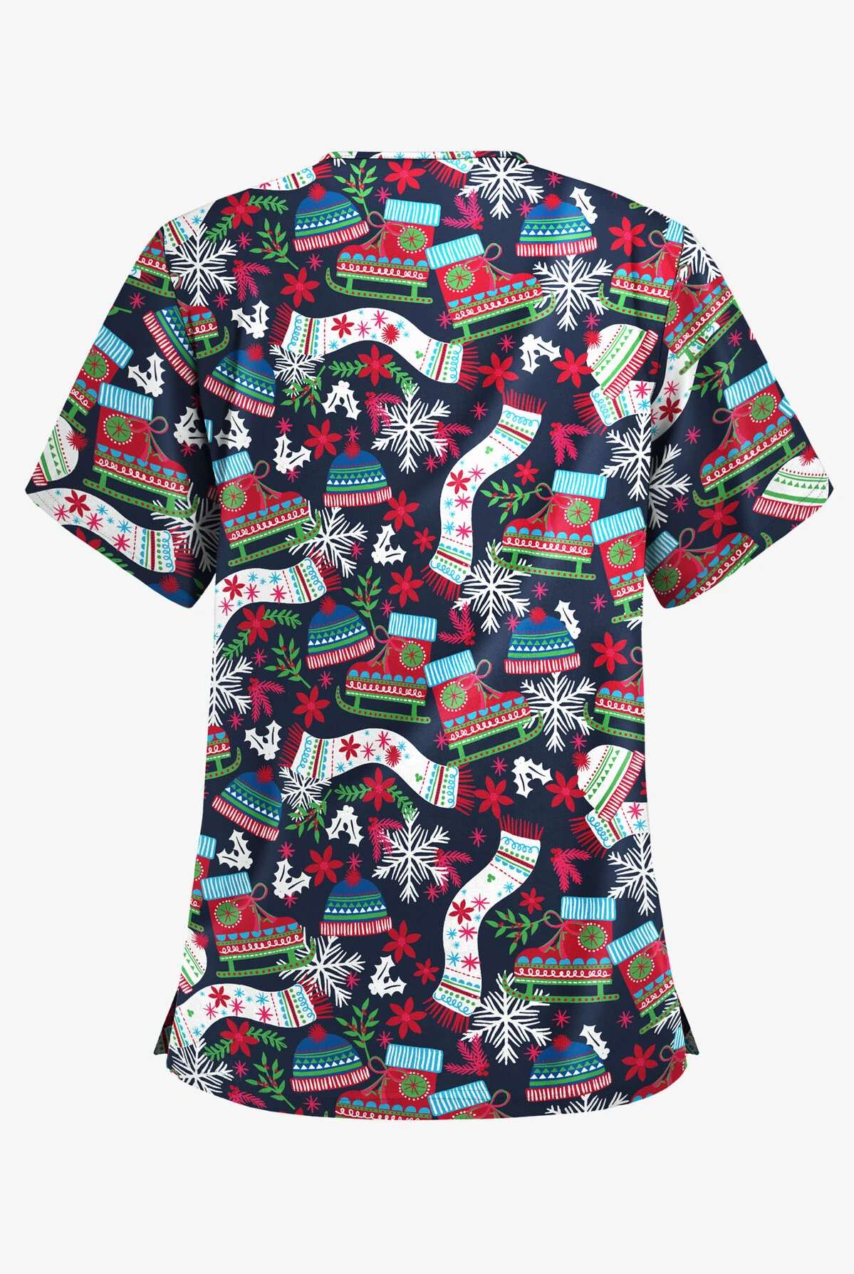 Butter-Soft Christmas Skate Navy Women's 3-Pocket V-Neck Print Scrub Top 4 Butter-Soft Christmas Skate Navy Women's 3-Pocket V-Neck Print Scrub Top - Image 2