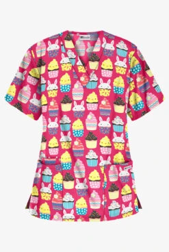 UA Easter Treats Fuchsia Women's 3-Pocket V-Neck Print Scrub Top