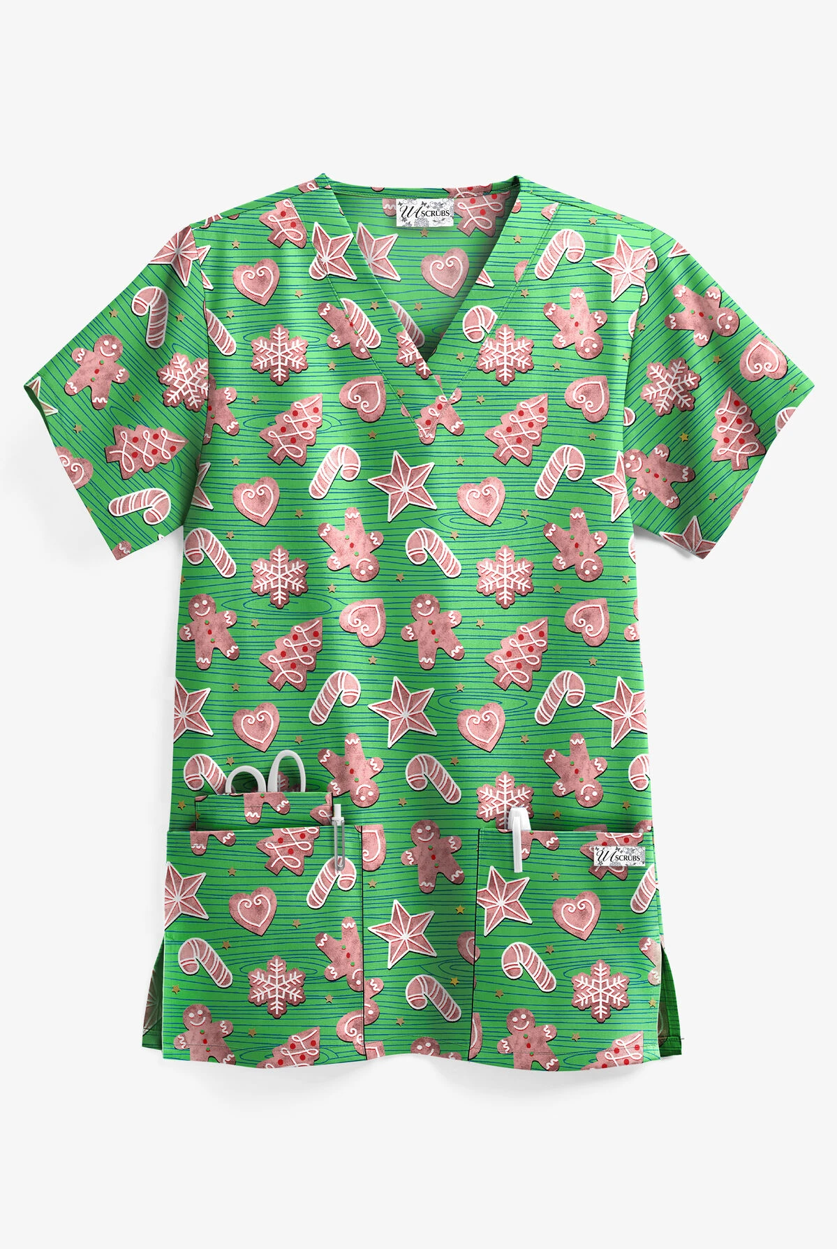 UA Gingerbread Cookies Gecko Women's 3-Pocket V-Neck Print Scrub Top 3 UA Gingerbread Cookies Gecko Women's 3-Pocket V-Neck Print Scrub Top