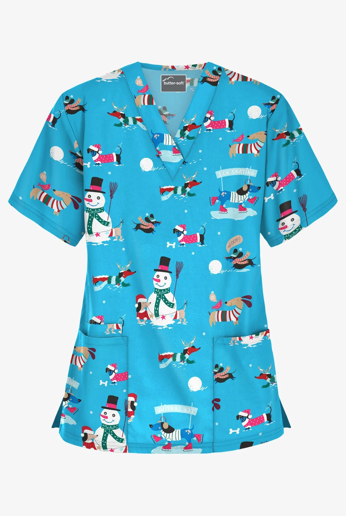 Butter-Soft Holiday Fun Turquoise Women's 3-Pocket V-Neck Print Scrub Top 3 Butter-Soft Holiday Fun Turquoise Women's 3-Pocket V-Neck Print Scrub Top