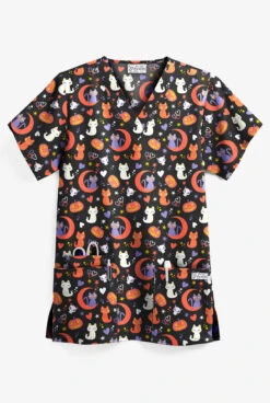 UA Halloween Kitties Black Printed Women's 3-Pocket V-Neck Scrub Top
