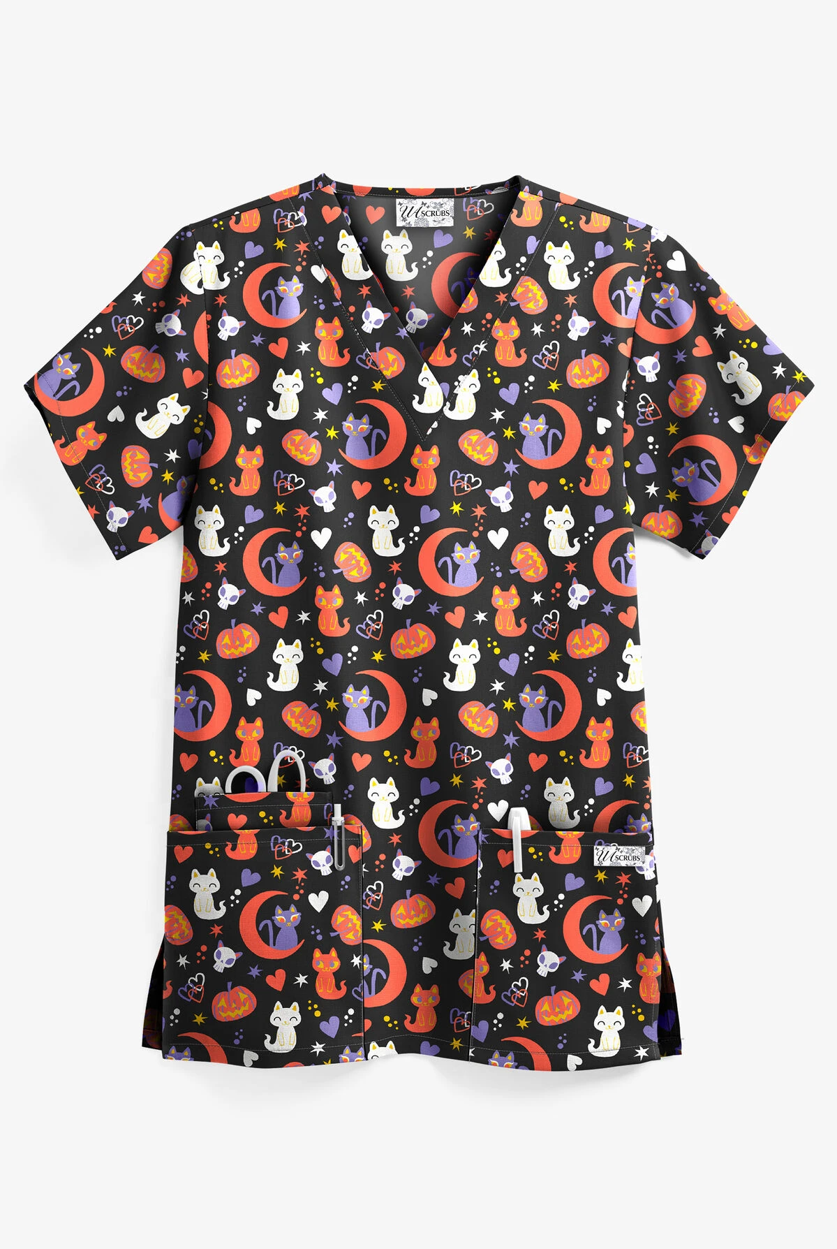 UA Halloween Kitties Black Printed Women's 3-Pocket V-Neck Scrub Top 3 UA Halloween Kitties Black Printed Women's 3-Pocket V-Neck Scrub Top