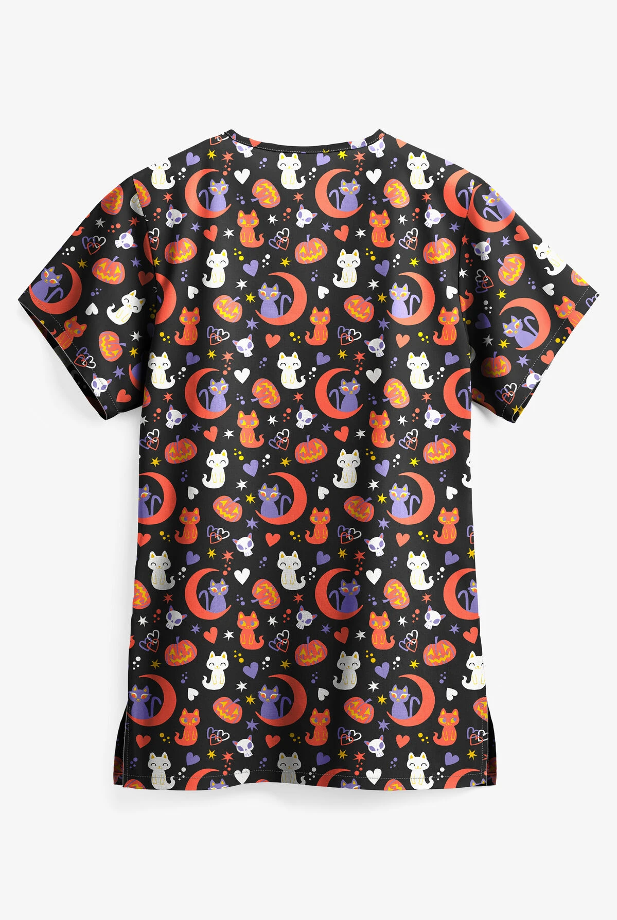 UA Halloween Kitties Black Printed Women's 3-Pocket V-Neck Scrub Top 4 UA Halloween Kitties Black Printed Women's 3-Pocket V-Neck Scrub Top - Image 2