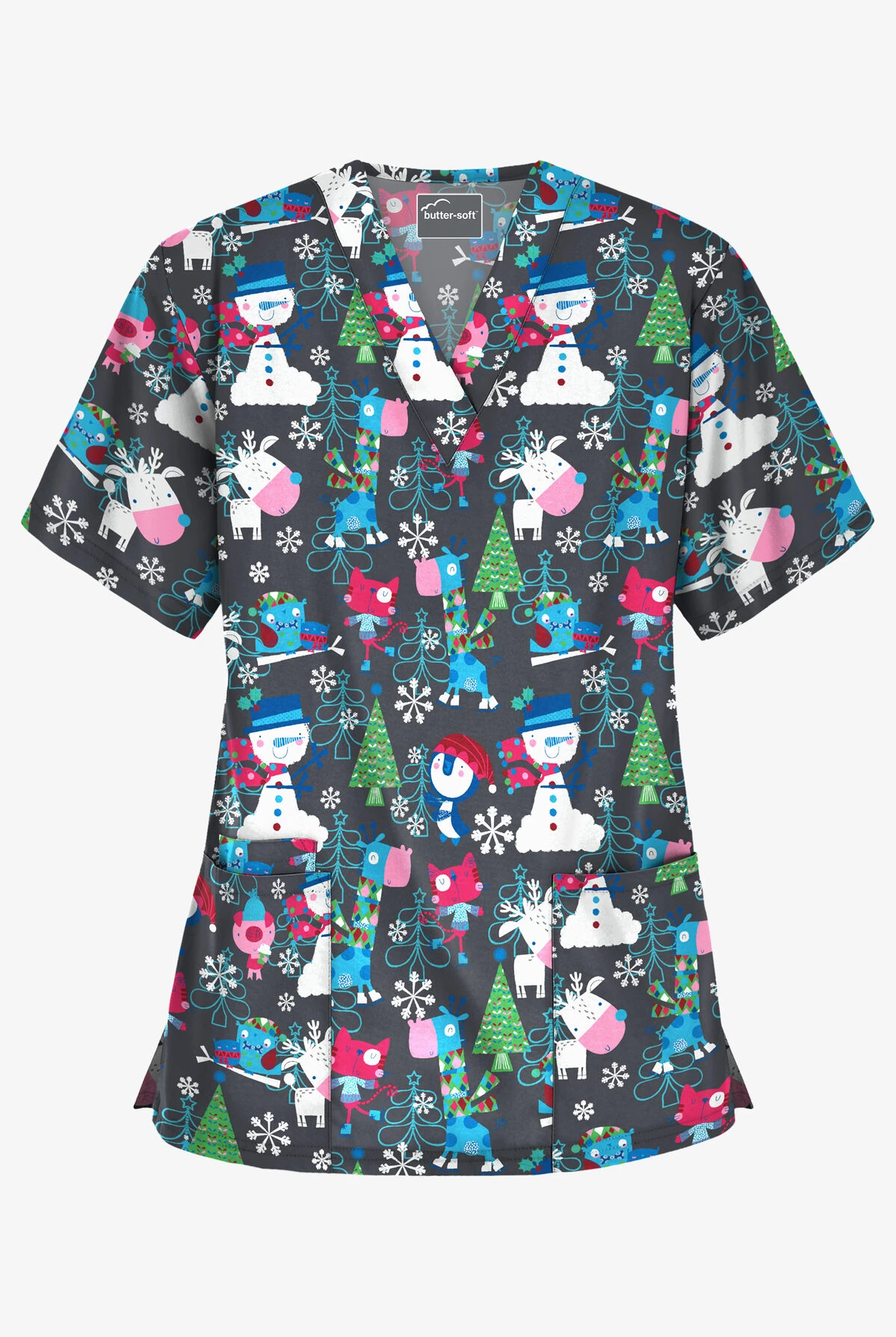 Butter-Soft Holiday Party Pewter Women's 3-Pocket V-Neck Print Scrub Top 3 Butter-Soft Holiday Party Pewter Women's 3-Pocket V-Neck Print Scrub Top