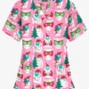 Butter-Soft Happy Monsters Pink Women's 3-Pocket V-Neck Print Scrub Top -Fashion Clothing H61HPK 1