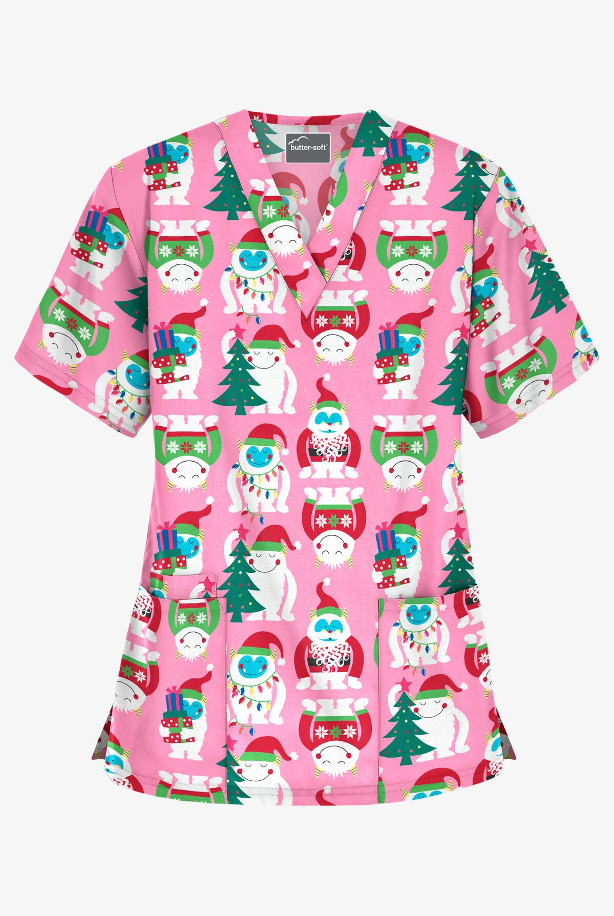 Butter-Soft Happy Monsters Pink Women's 3-Pocket V-Neck Print Scrub Top 3 Butter-Soft Happy Monsters Pink Women's 3-Pocket V-Neck Print Scrub Top