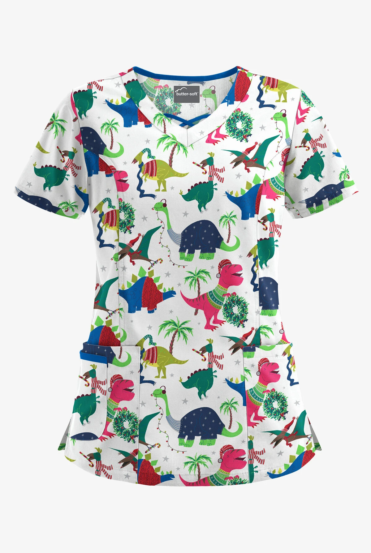 Butter-Soft Christmas Dinos Women's 3-Pocket Criss Cross Print Scrub Top 3 Butter-Soft Christmas Dinos Women's 3-Pocket Criss Cross Print Scrub Top