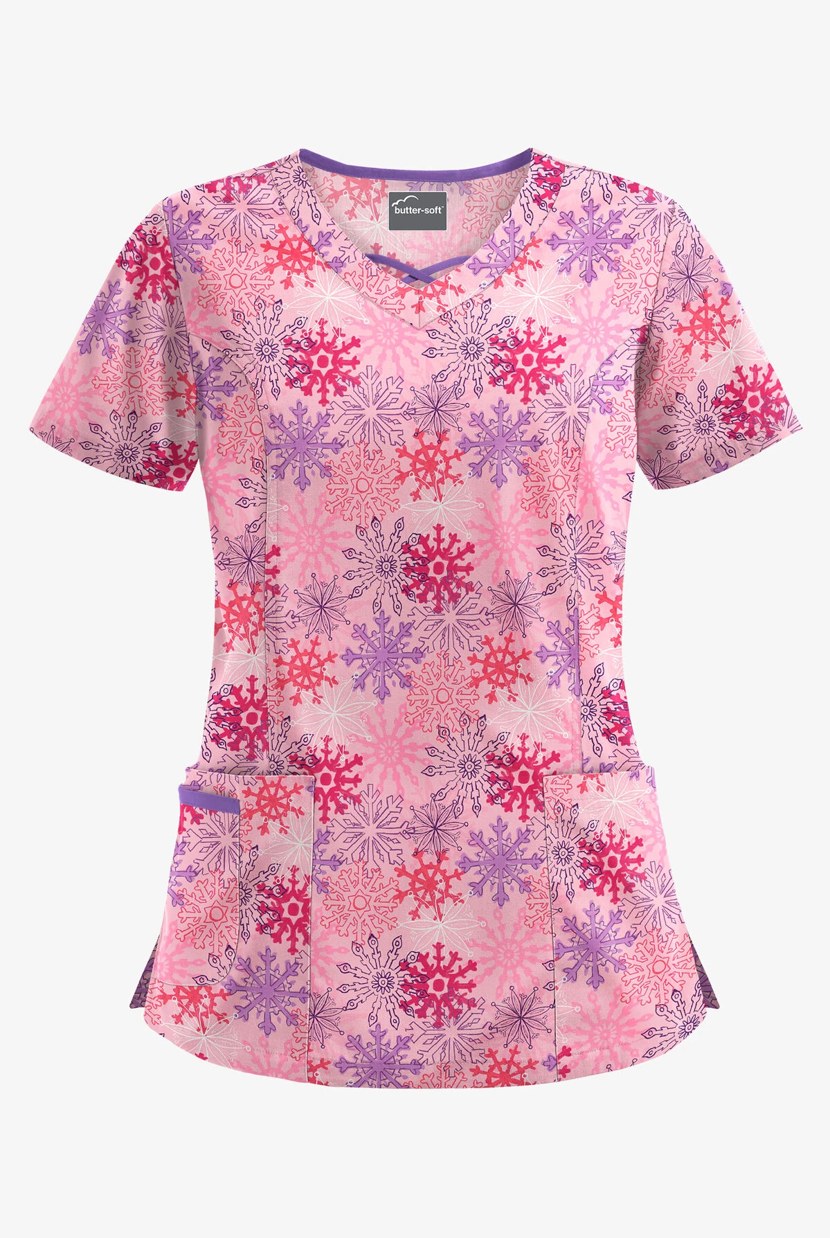 Butter-Soft Frozen Night Blush Women's 3-Pocket Criss Cross Print Scrub Top 3 Butter-Soft Frozen Night Blush Women's 3-Pocket Criss Cross Print Scrub Top