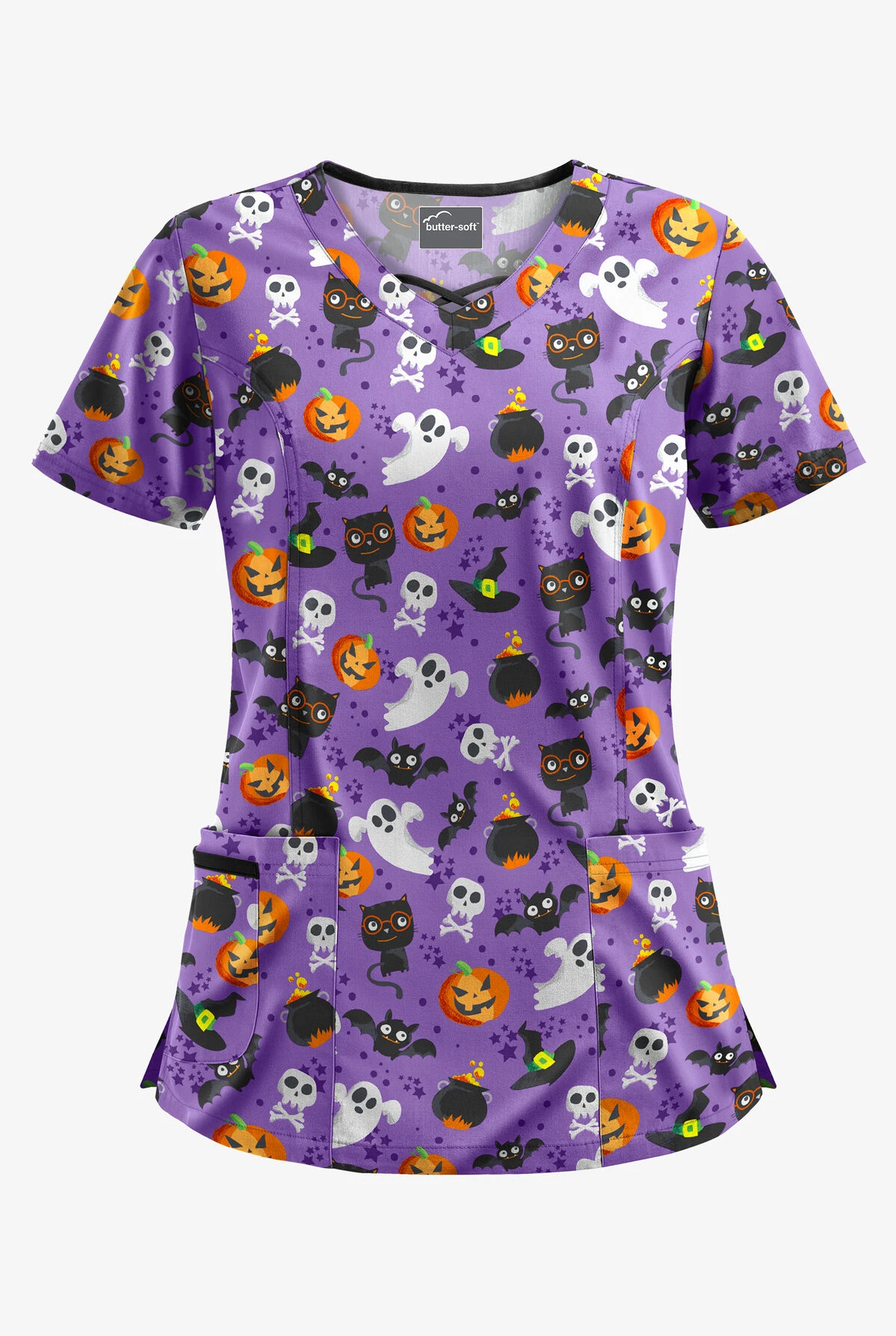 Butter-Soft Halloween Spell Purple Glow Women's 3-Pocket Criss Cross Print Scrub Top 3 Butter-Soft Halloween Spell Purple Glow Women's 3-Pocket Criss Cross Print Scrub Top