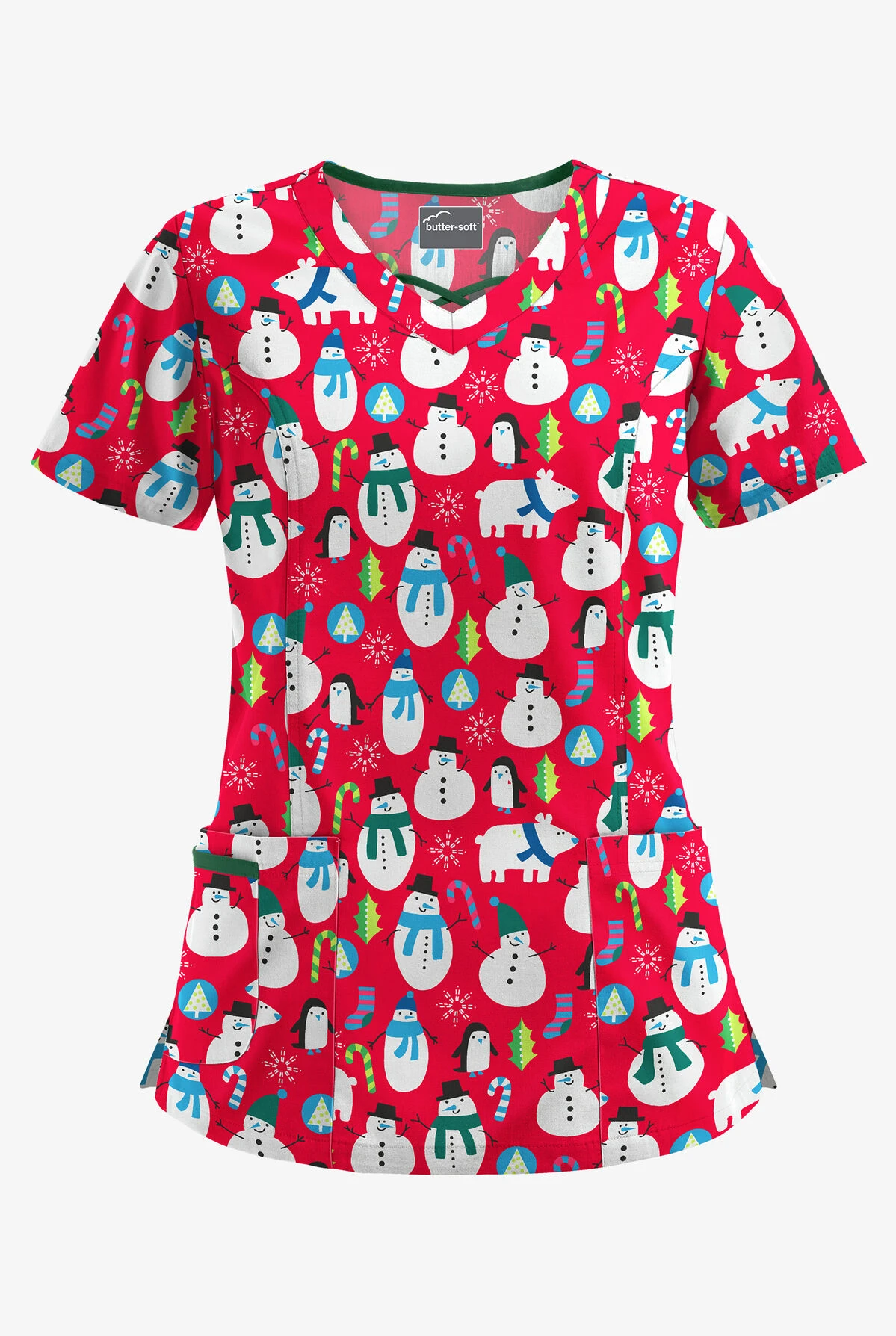 Butter-Soft North Pole Party Red Women's 3-Pocket Criss Cross Printed Scrub Top 3 Butter-Soft North Pole Party Red Women's 3-Pocket Criss Cross Printed Scrub Top