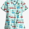 Butter-Soft Traveling With Santa Aqua Moon Women's 3-Pocket Criss Cross Print Scrub Top -Fashion Clothing H626TSA 1