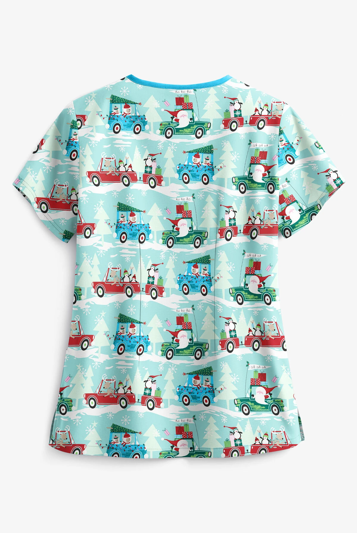 Butter-Soft Traveling With Santa Aqua Moon Women's 3-Pocket Criss Cross Print Scrub Top 4 Butter-Soft Traveling With Santa Aqua Moon Women's 3-Pocket Criss Cross Print Scrub Top - Image 2