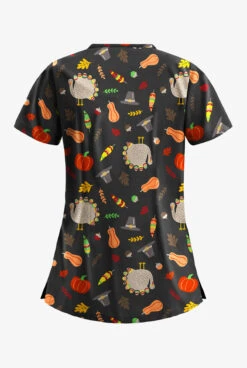 Butter-Soft Thanksgiving Walk Women's 3-Pocket Criss Cross Print Scrub Top -Fashion Clothing H626TWBL 2