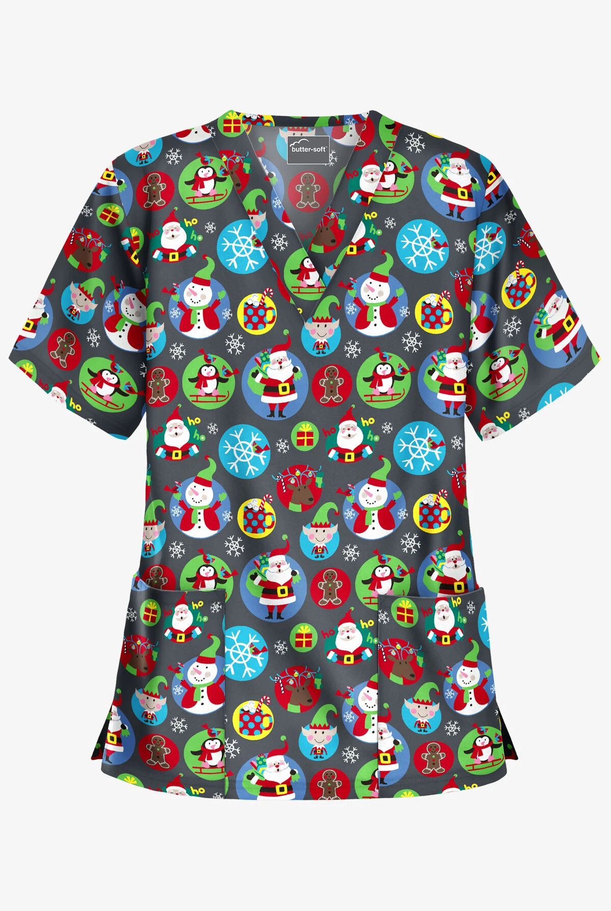 Butter-Soft Christmas Stickers Pewter Women's 2-Pocket Relaxed Fit V-Neck Print Scrub Top 3 Butter-Soft Christmas Stickers Pewter Women's 2-Pocket Relaxed Fit V-Neck Print Scrub Top
