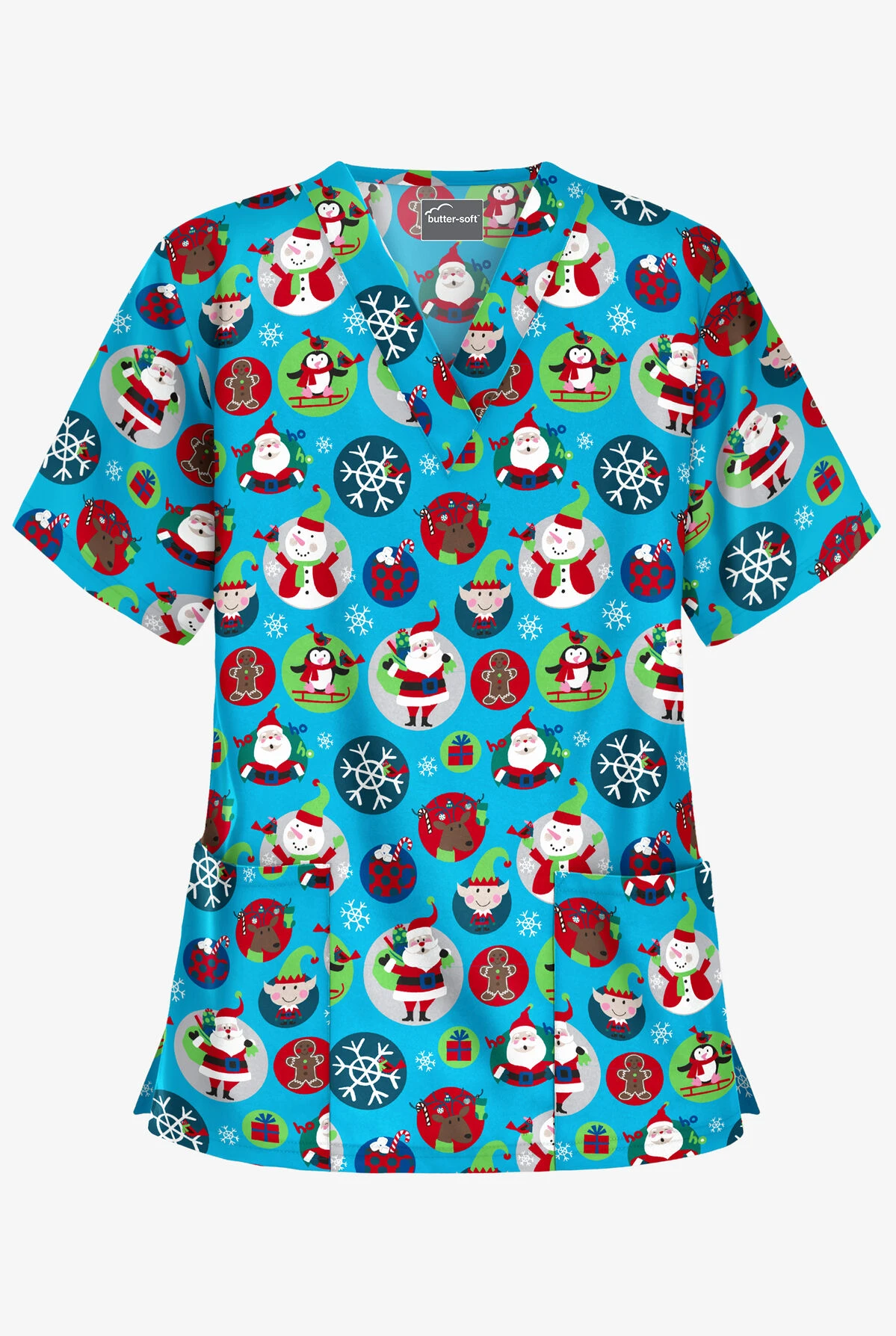 Butter-Soft Christmas Stickers Turquoise Women's 2-Pocket Relaxed Fit V-Neck Print Scrub Top 3 Butter-Soft Christmas Stickers Turquoise Women's 2-Pocket Relaxed Fit V-Neck Print Scrub Top